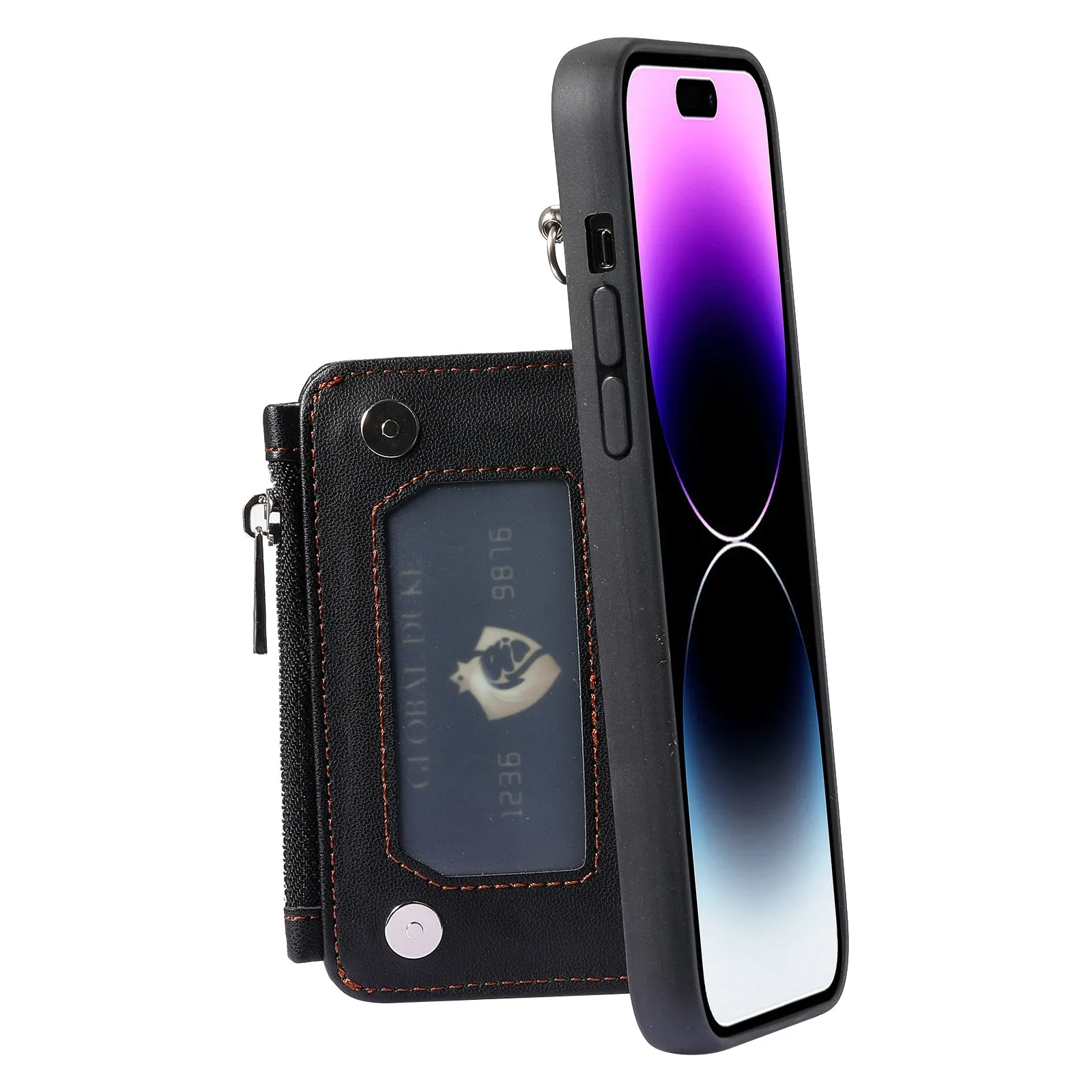 009 Protection Cover for iPhone 15 Pro Max , RFID Blocking PU TPU Case Kickstand Zipper Wallet Shell with Strap