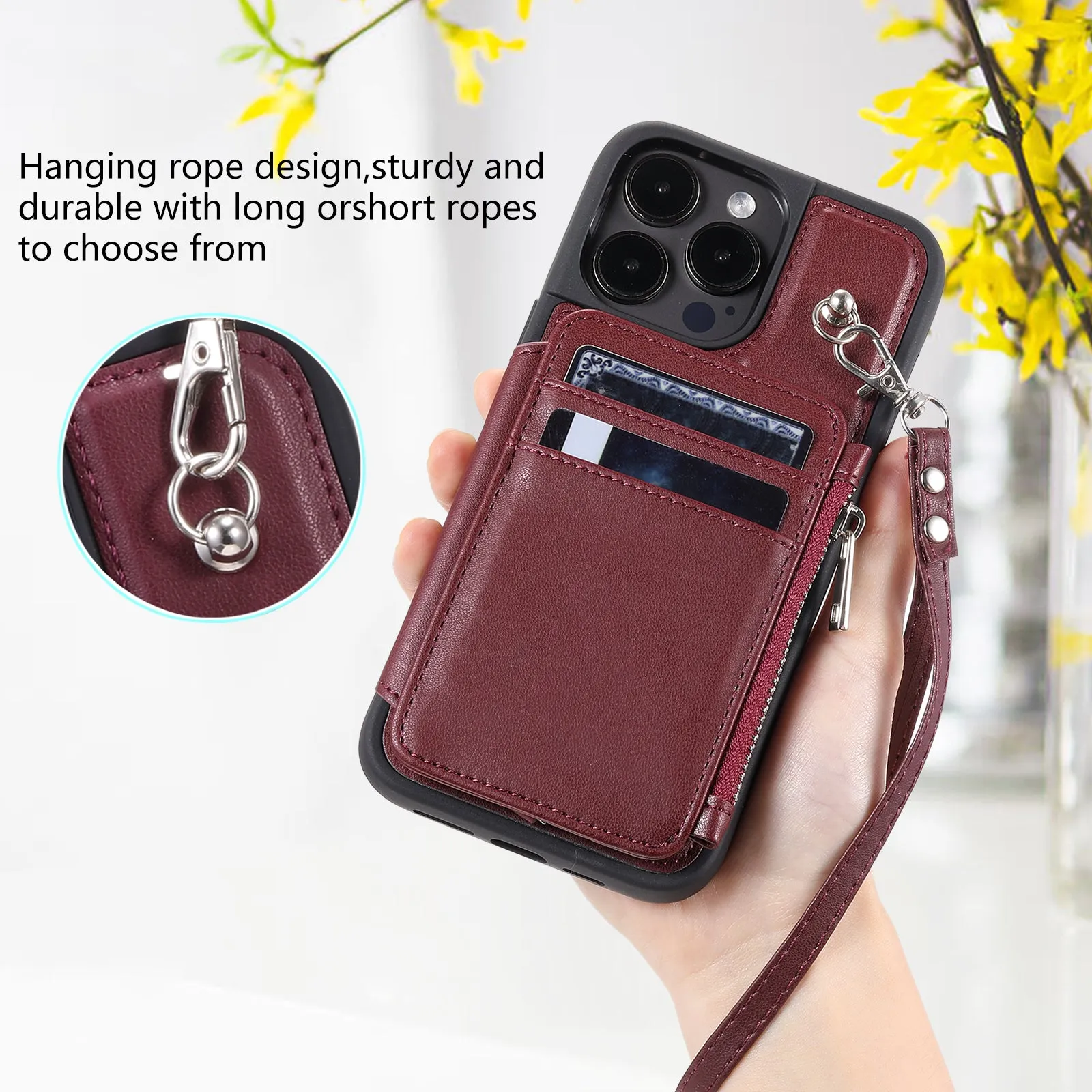 009 Protection Cover for iPhone 15 Pro Max , RFID Blocking PU TPU Case Kickstand Zipper Wallet Shell with Strap