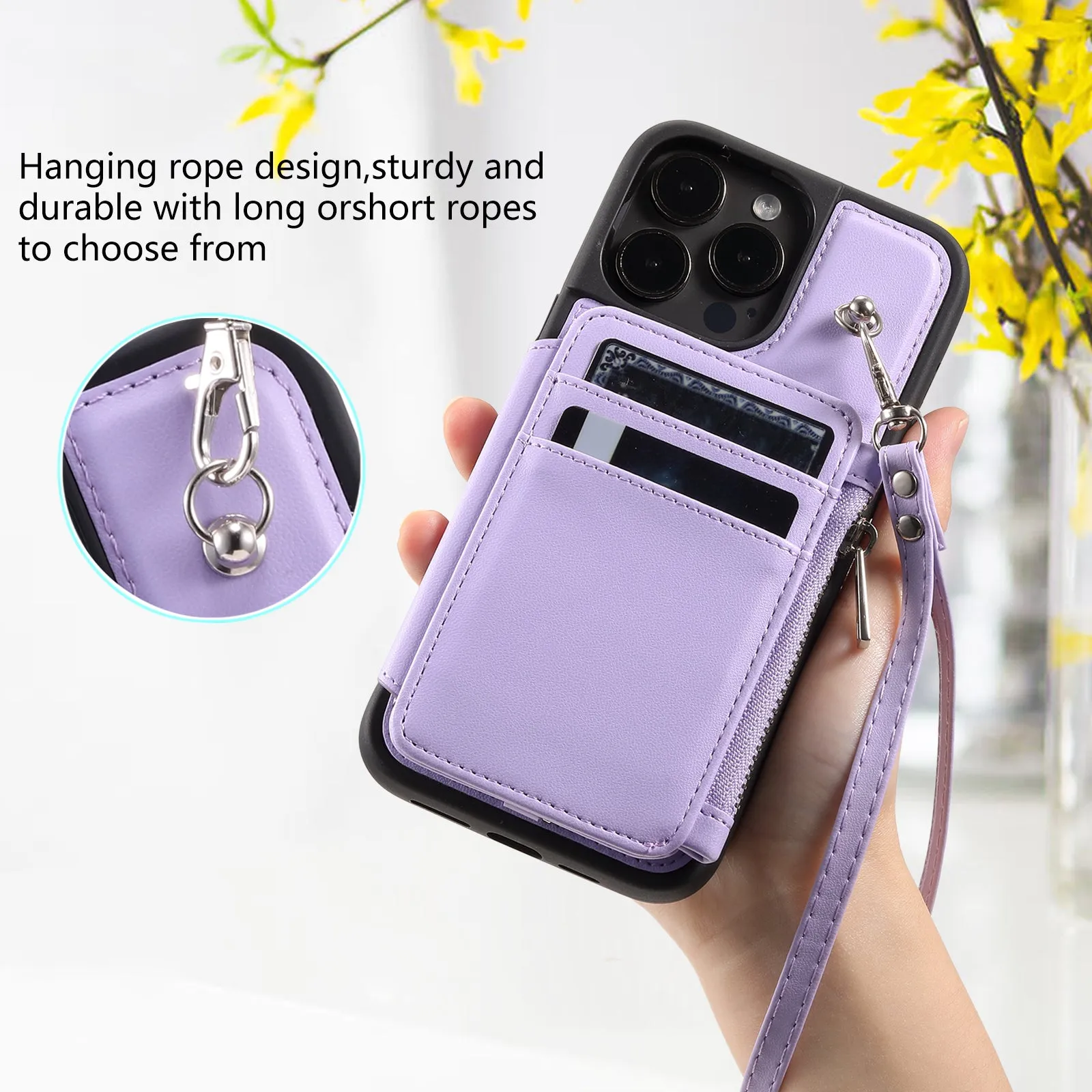 009 Protection Cover for iPhone 15 Pro Max , RFID Blocking PU TPU Case Kickstand Zipper Wallet Shell with Strap