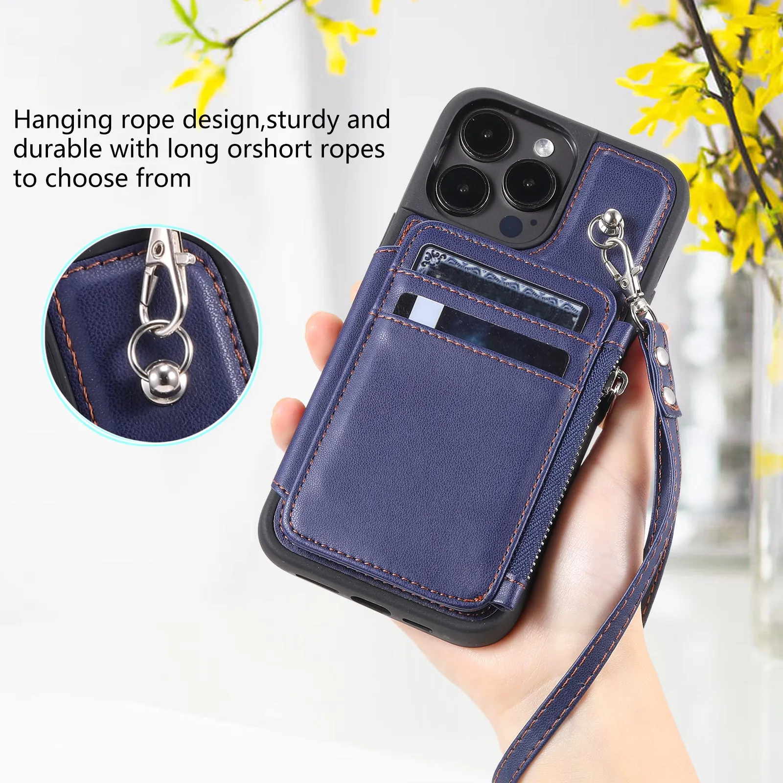 009 Protection Cover for iPhone 15 Pro Max , RFID Blocking PU TPU Case Kickstand Zipper Wallet Shell with Strap