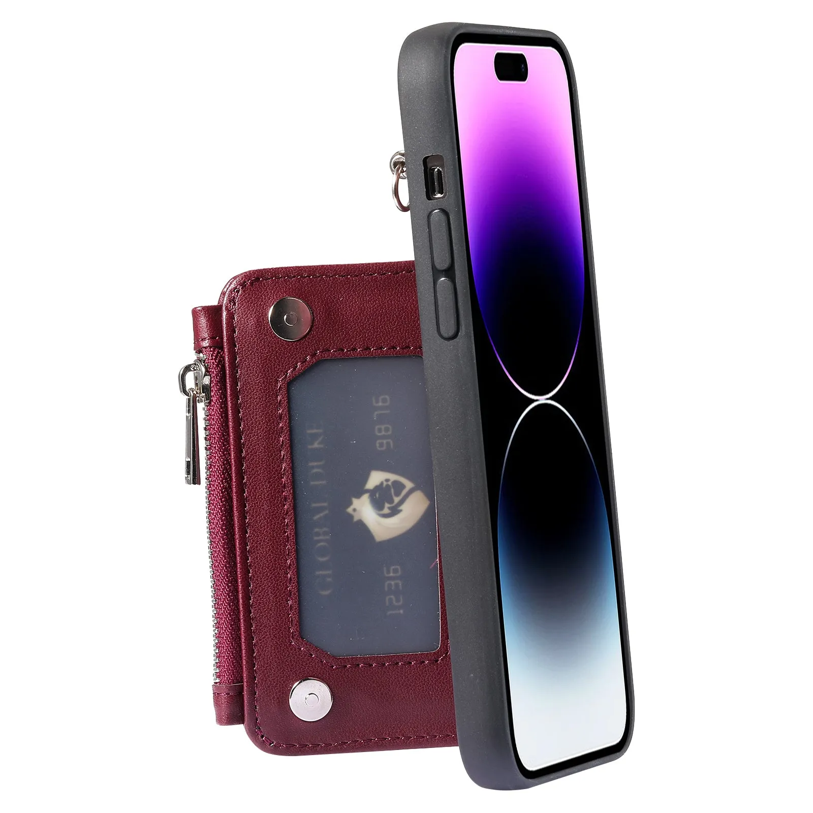 009 Protection Cover for iPhone 15 Pro Max , RFID Blocking PU TPU Case Kickstand Zipper Wallet Shell with Strap