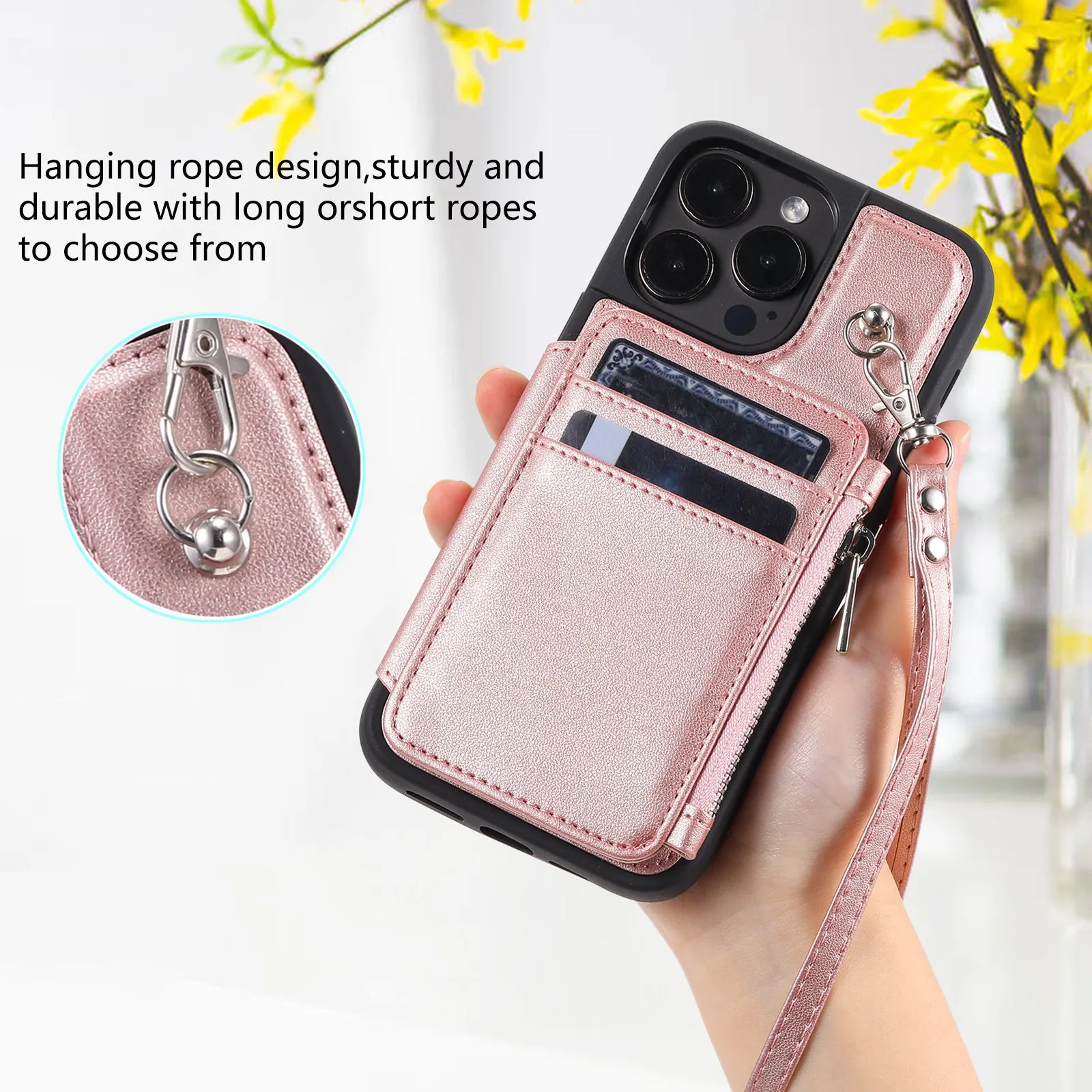 009 Protection Cover for iPhone 15 Pro Max , RFID Blocking PU TPU Case Kickstand Zipper Wallet Shell with Strap