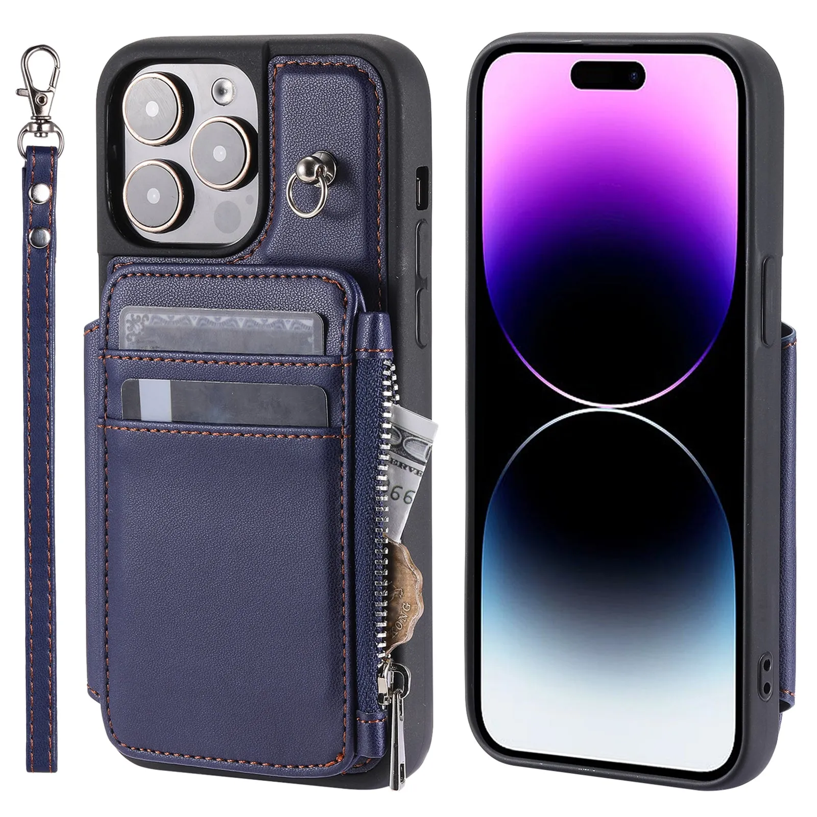 009 Protection Cover for iPhone 15 Pro Max , RFID Blocking PU TPU Case Kickstand Zipper Wallet Shell with Strap