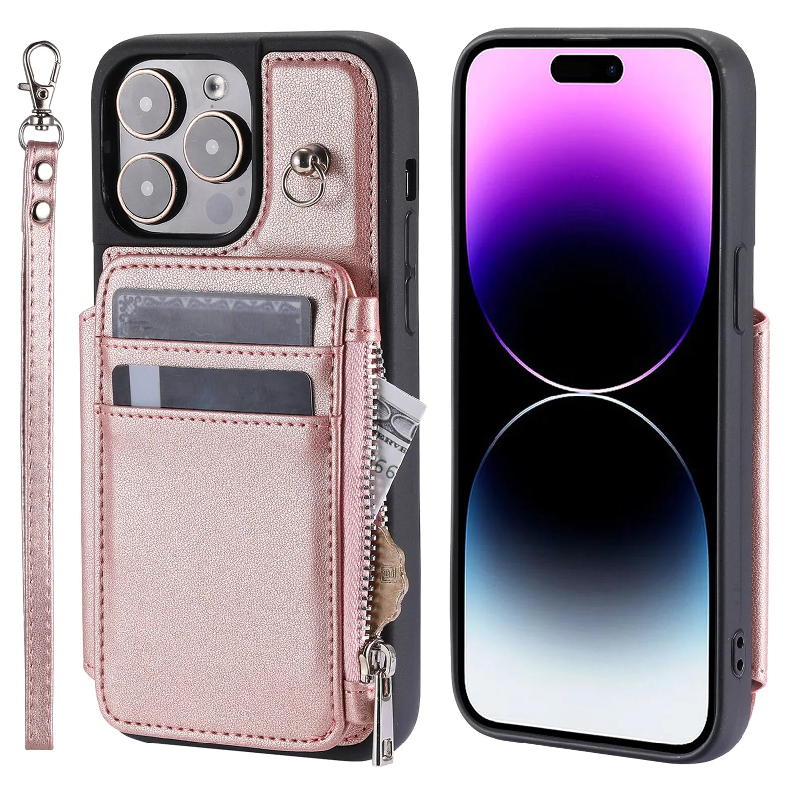 009 Protection Cover for iPhone 15 Pro Max , RFID Blocking PU TPU Case Kickstand Zipper Wallet Shell with Strap