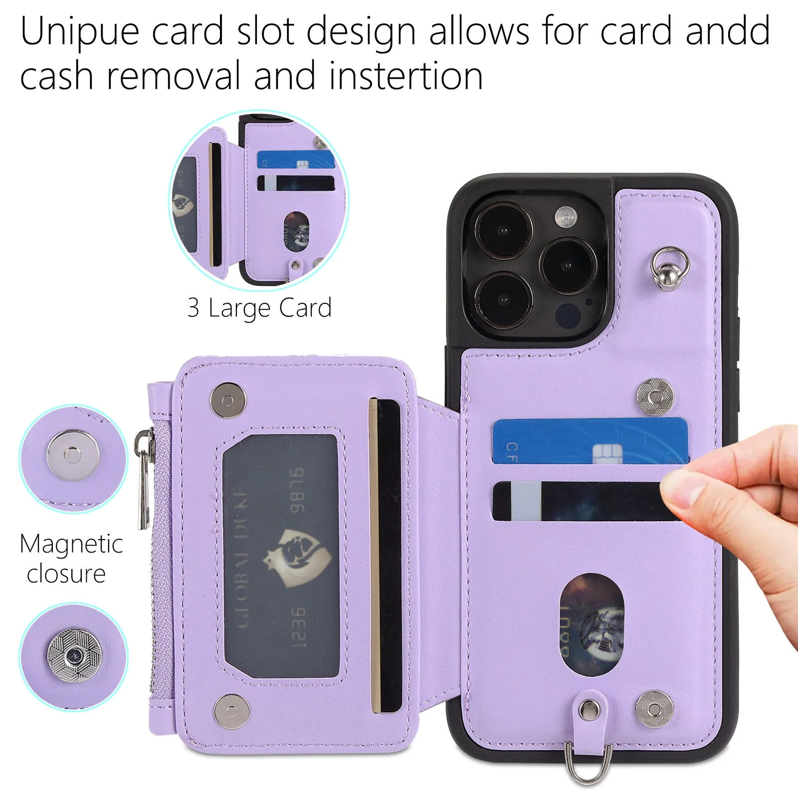 009 Protection Cover for iPhone 15 Pro Max , RFID Blocking PU TPU Case Kickstand Zipper Wallet Shell with Strap