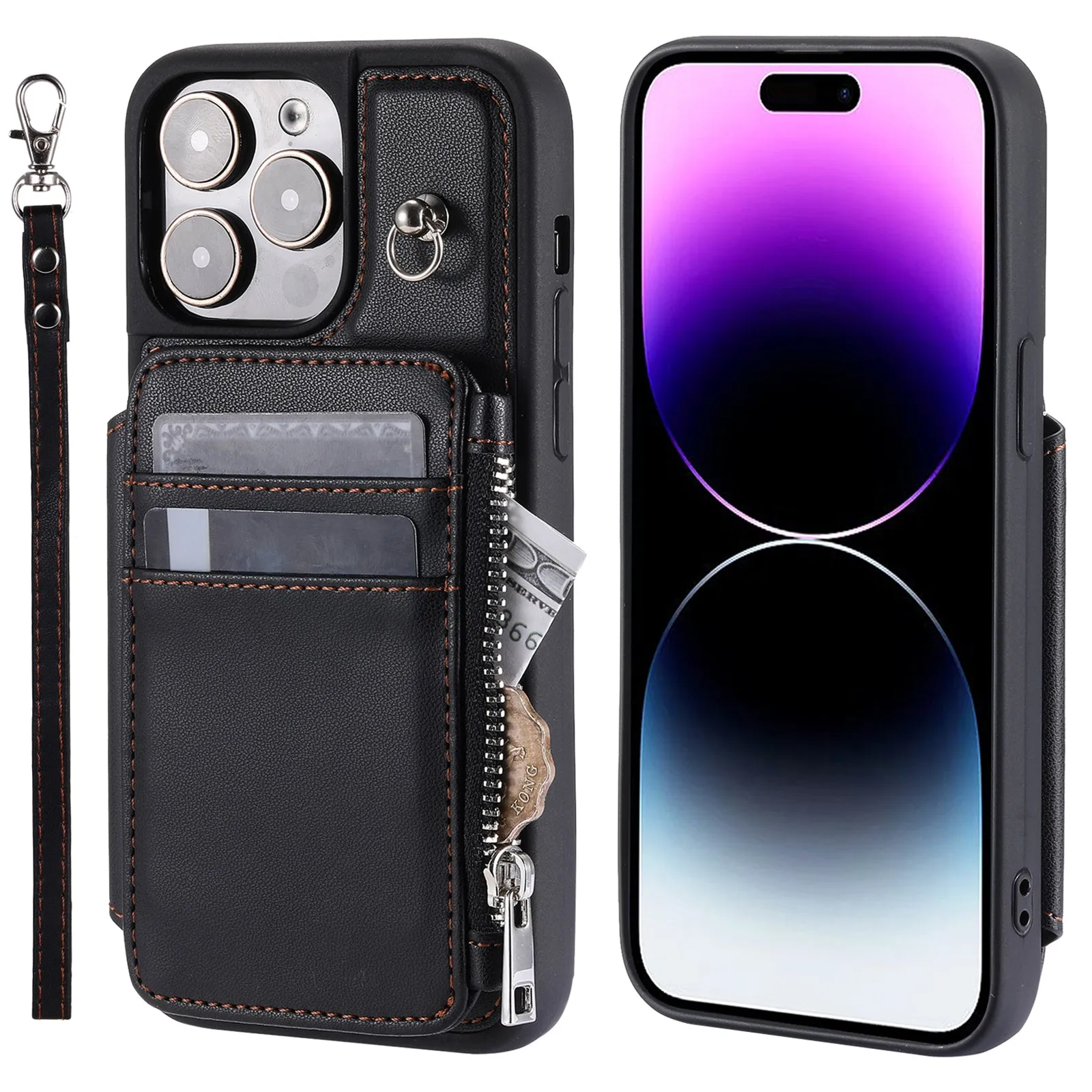 009 Protection Cover for iPhone 15 Pro Max , RFID Blocking PU TPU Case Kickstand Zipper Wallet Shell with Strap