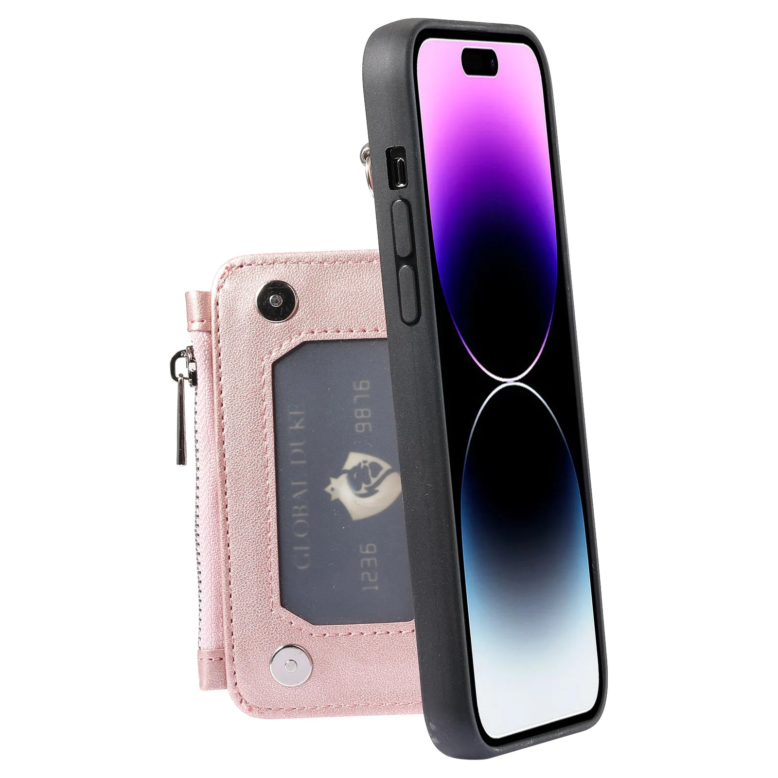 009 Protection Cover for iPhone 15 Pro Max , RFID Blocking PU TPU Case Kickstand Zipper Wallet Shell with Strap