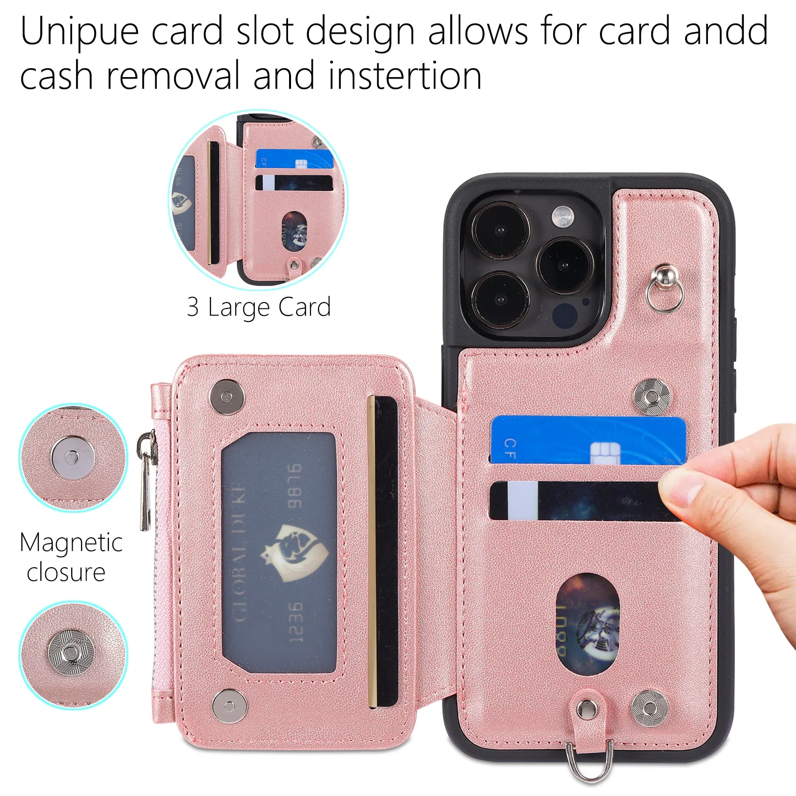 009 Protection Cover for iPhone 15 Pro Max , RFID Blocking PU TPU Case Kickstand Zipper Wallet Shell with Strap