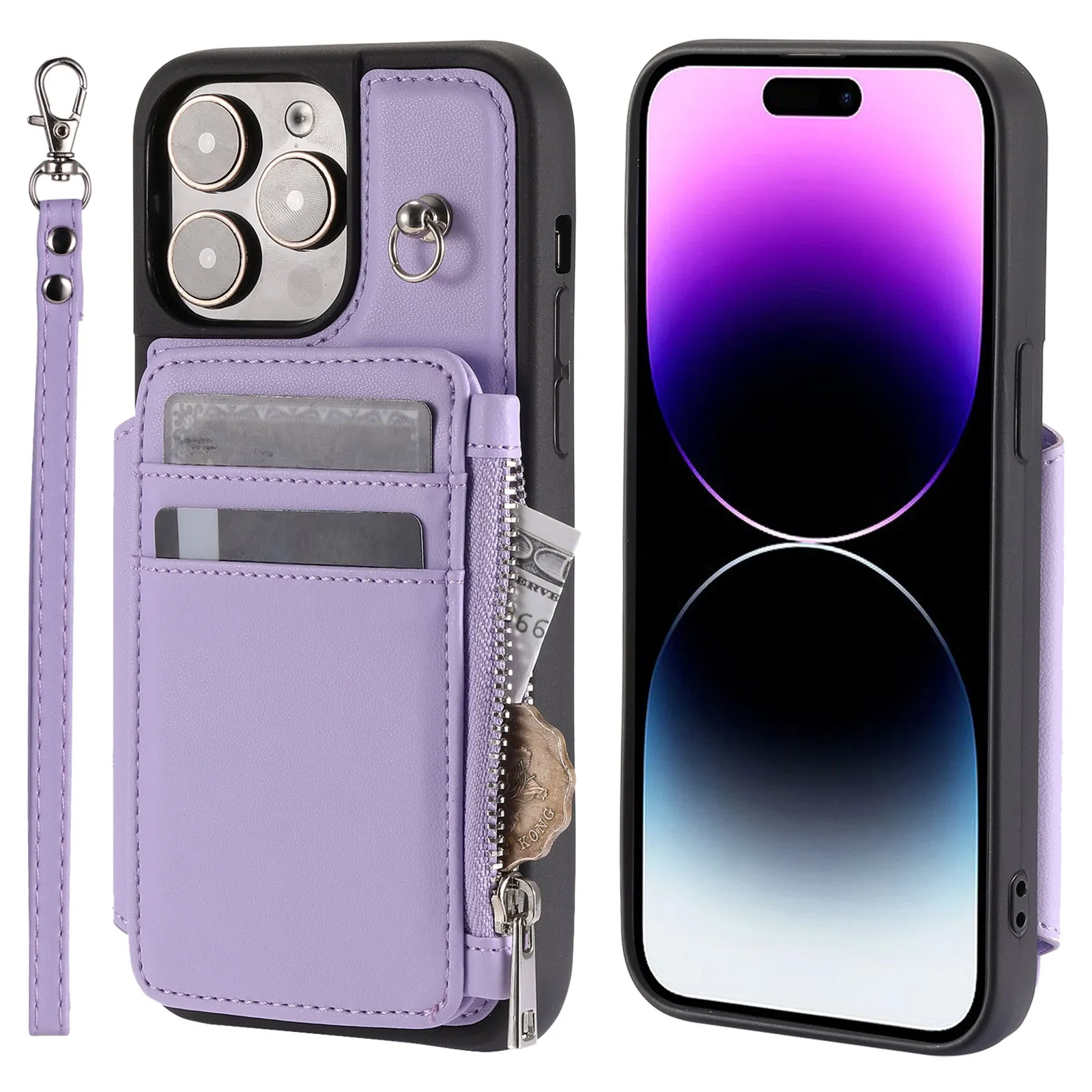 009 Protection Cover for iPhone 15 Pro Max , RFID Blocking PU TPU Case Kickstand Zipper Wallet Shell with Strap