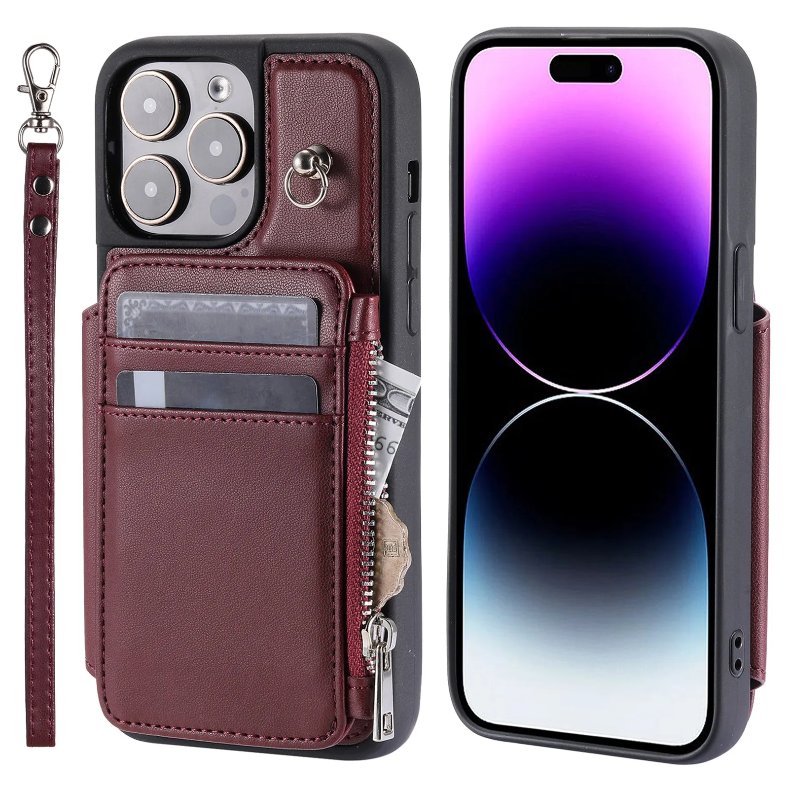 009 Protection Cover for iPhone 15 Pro Max , RFID Blocking PU TPU Case Kickstand Zipper Wallet Shell with Strap