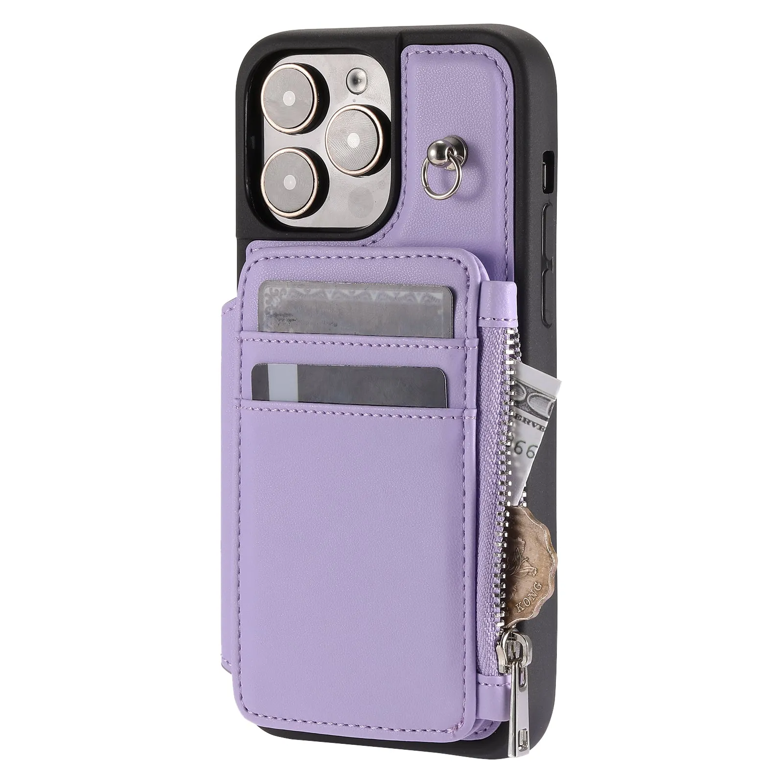 009 Protection Cover for iPhone 15 Pro Max , RFID Blocking PU TPU Case Kickstand Zipper Wallet Shell with Strap