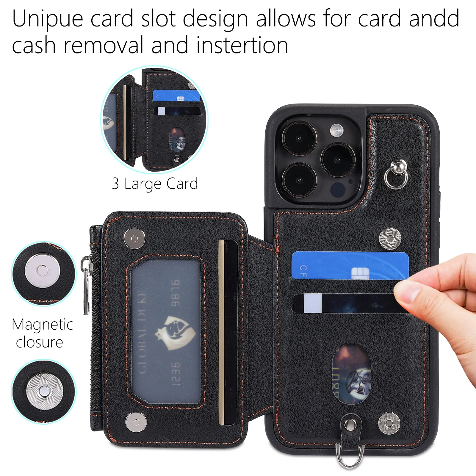 009 Protection Cover for iPhone 15 Pro Max , RFID Blocking PU TPU Case Kickstand Zipper Wallet Shell with Strap