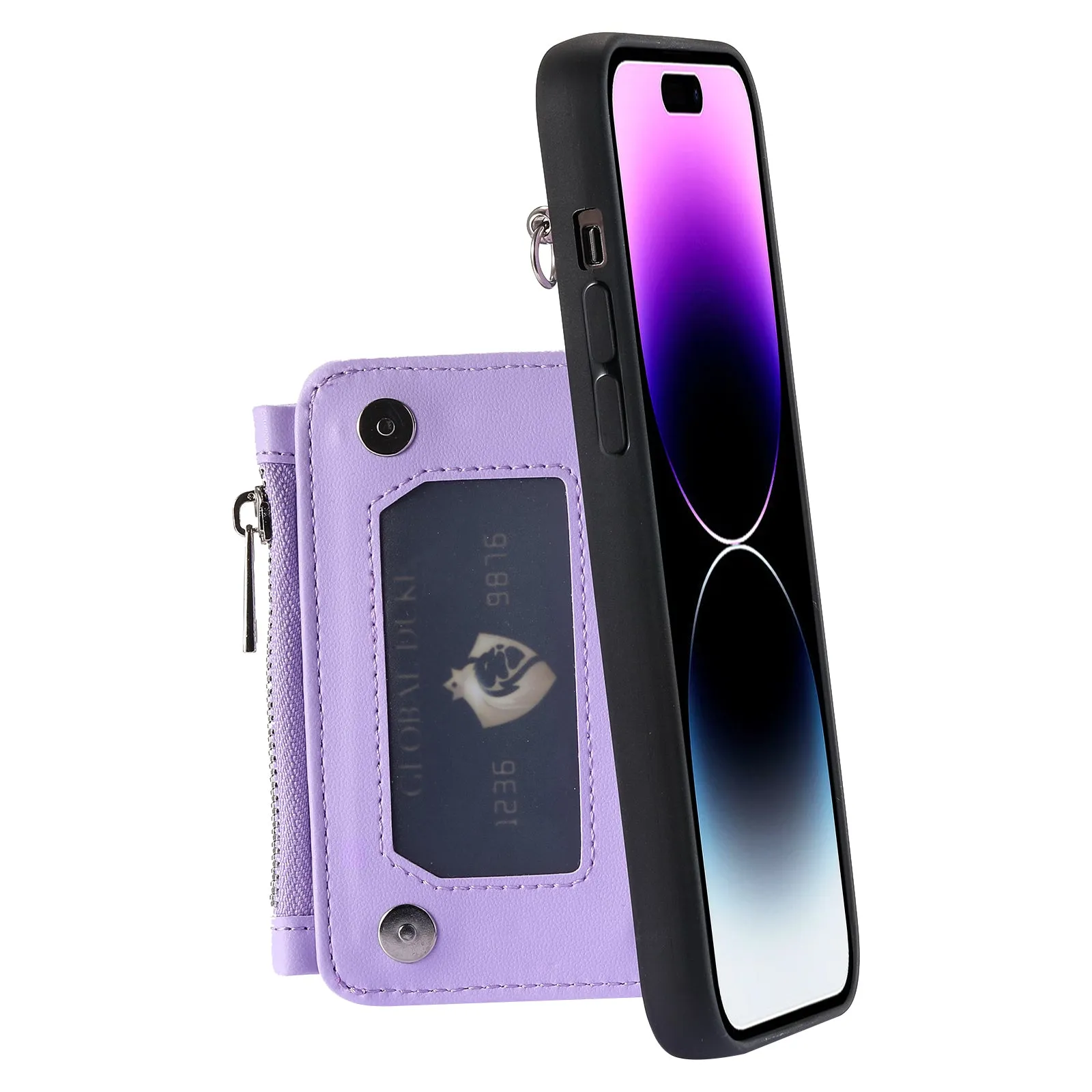 009 Protection Cover for iPhone 15 Pro Max , RFID Blocking PU TPU Case Kickstand Zipper Wallet Shell with Strap