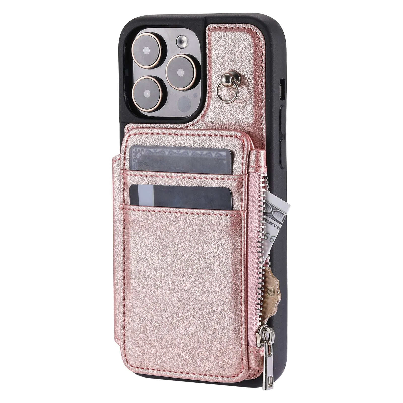 009 Protection Cover for iPhone 15 Pro Max , RFID Blocking PU TPU Case Kickstand Zipper Wallet Shell with Strap