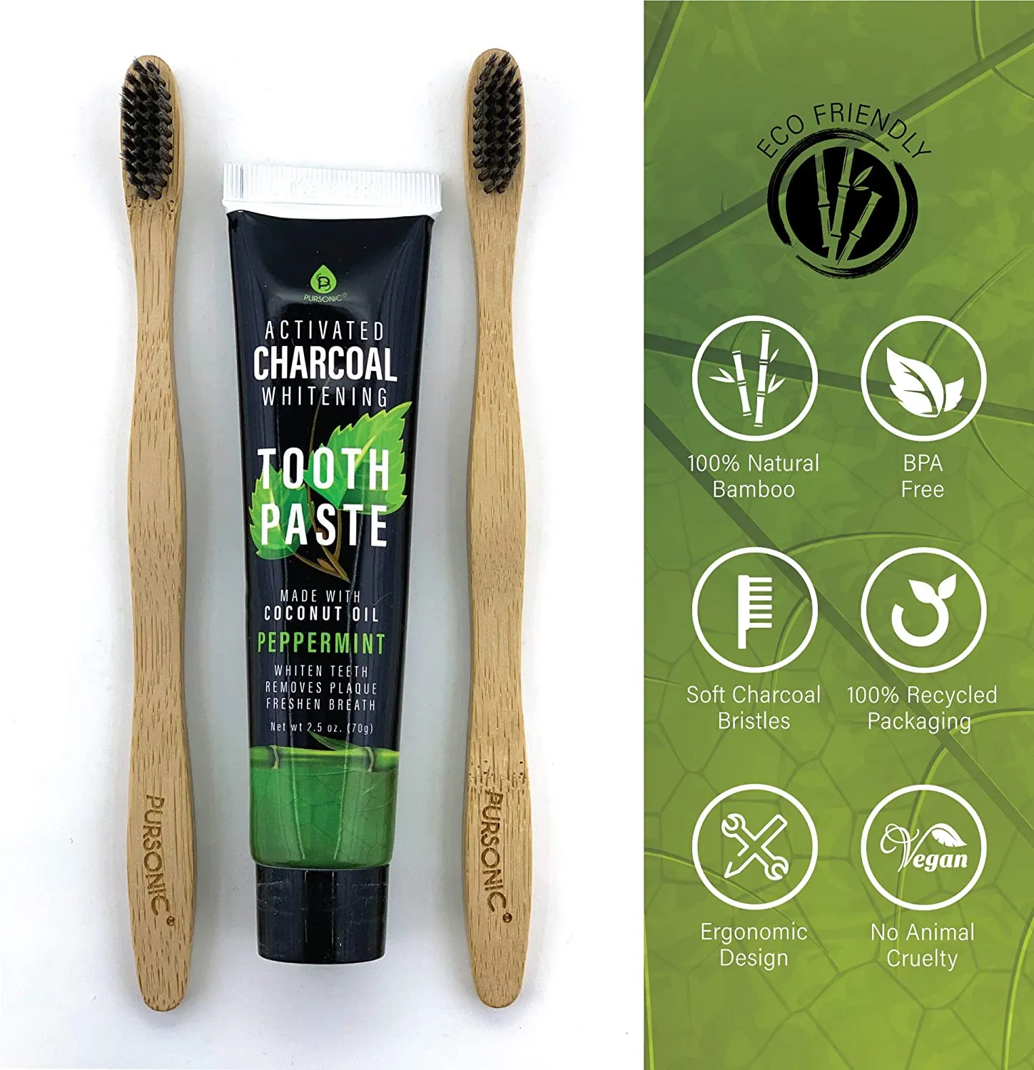 100% Natural Eco Soft Bristles Bamboo Toothbrushes & Charcoal Whitening Toothpaste Set, Whitens & Removes Stains - Eco-Friendly, BPA Free, & Biodegradable