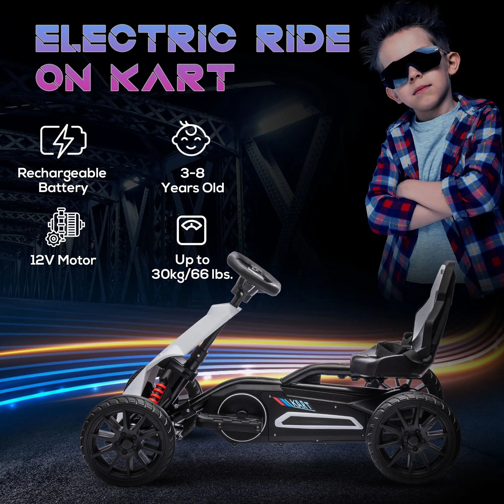 12V Electric Go Kart w/ Forward Reversing 2 Speeds for 3-8 Yrs White