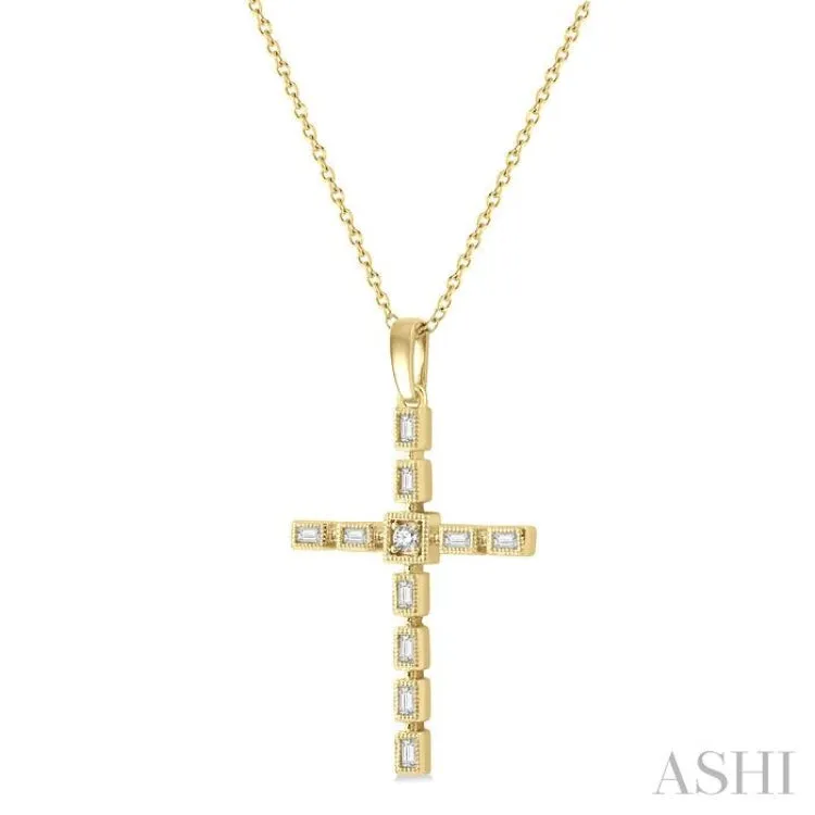 1/5 ctw Baguette and Round Cut Diamond Cross Pendant With Chain in 10K Yellow Gold