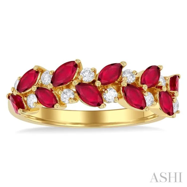 1/5 ctw Leafy 4X2MM Marquise Cut Ruby and Round Cut Diamond Precious Band in 14K Yellow Gold