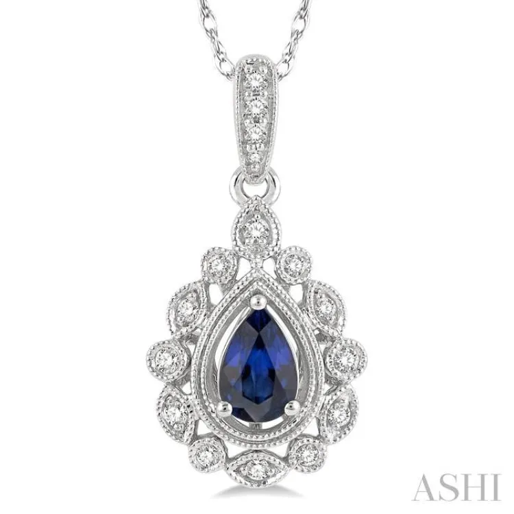 1/8 ctw Lattice Round Cut Diamond & 6x4MM Pear Cut Sapphire Precious Pendant With Chain in 10K White Gold