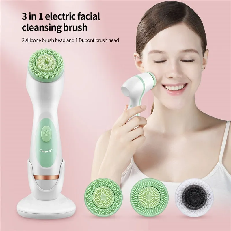 3 In 1 Electric Facial Cleansing Brush Silicone Rotating Face Brush Deep Cleaning Skin Peeling Cleanser Exfoliation