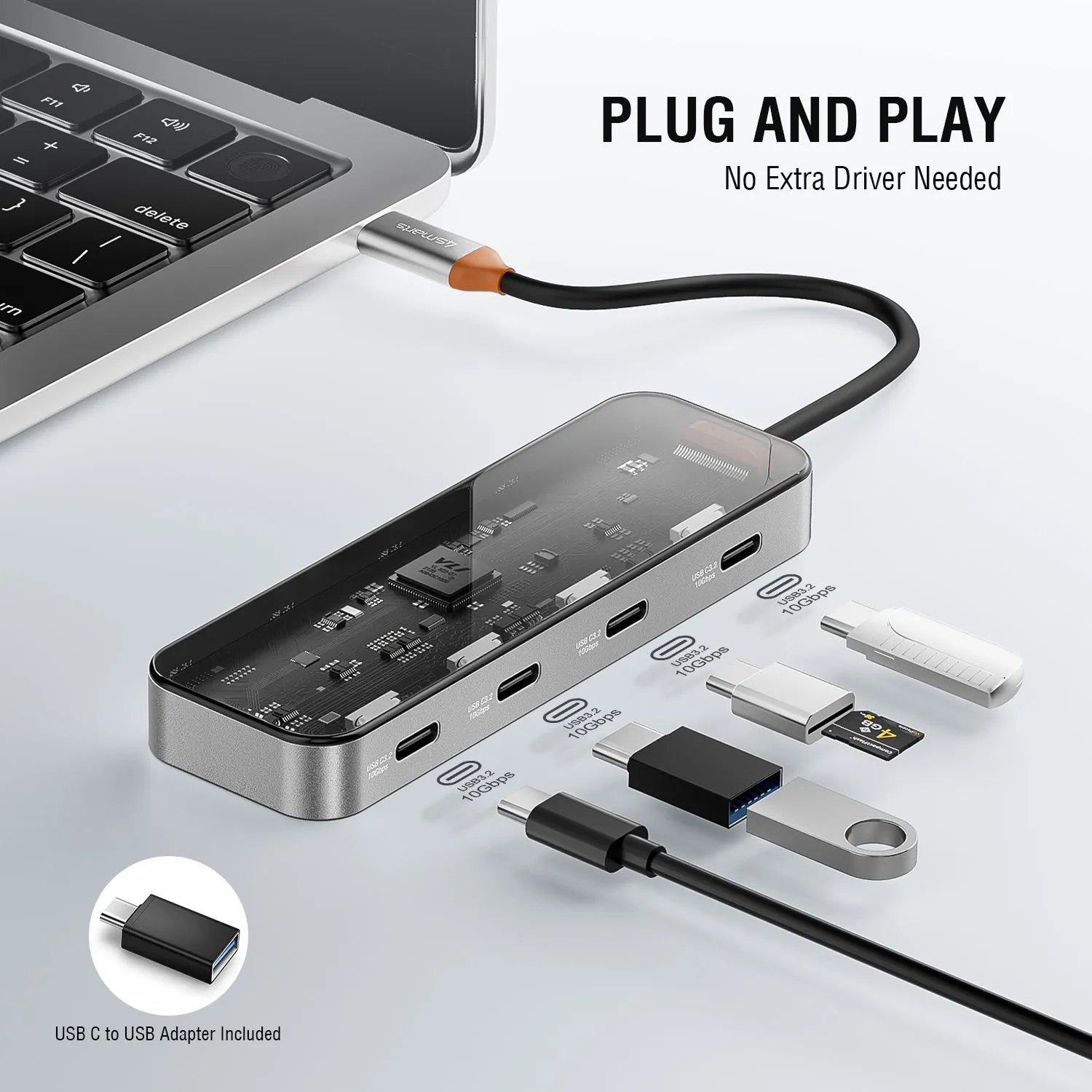 4 Ports USB C Hub,10Gbps USB C 3.2 Gen2 Splitter for Laptop, Transparent USB C Multiport Adapter