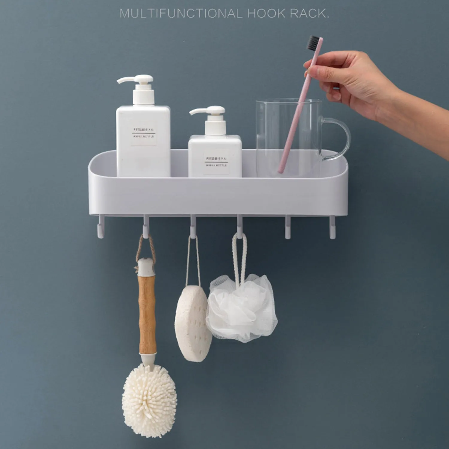 4058 Multipurpose Bathroom Kitchen Shelf Plastic Wall Storage Organizer with 6 Hooks Without Drill self Adhesive and Magic Sticker