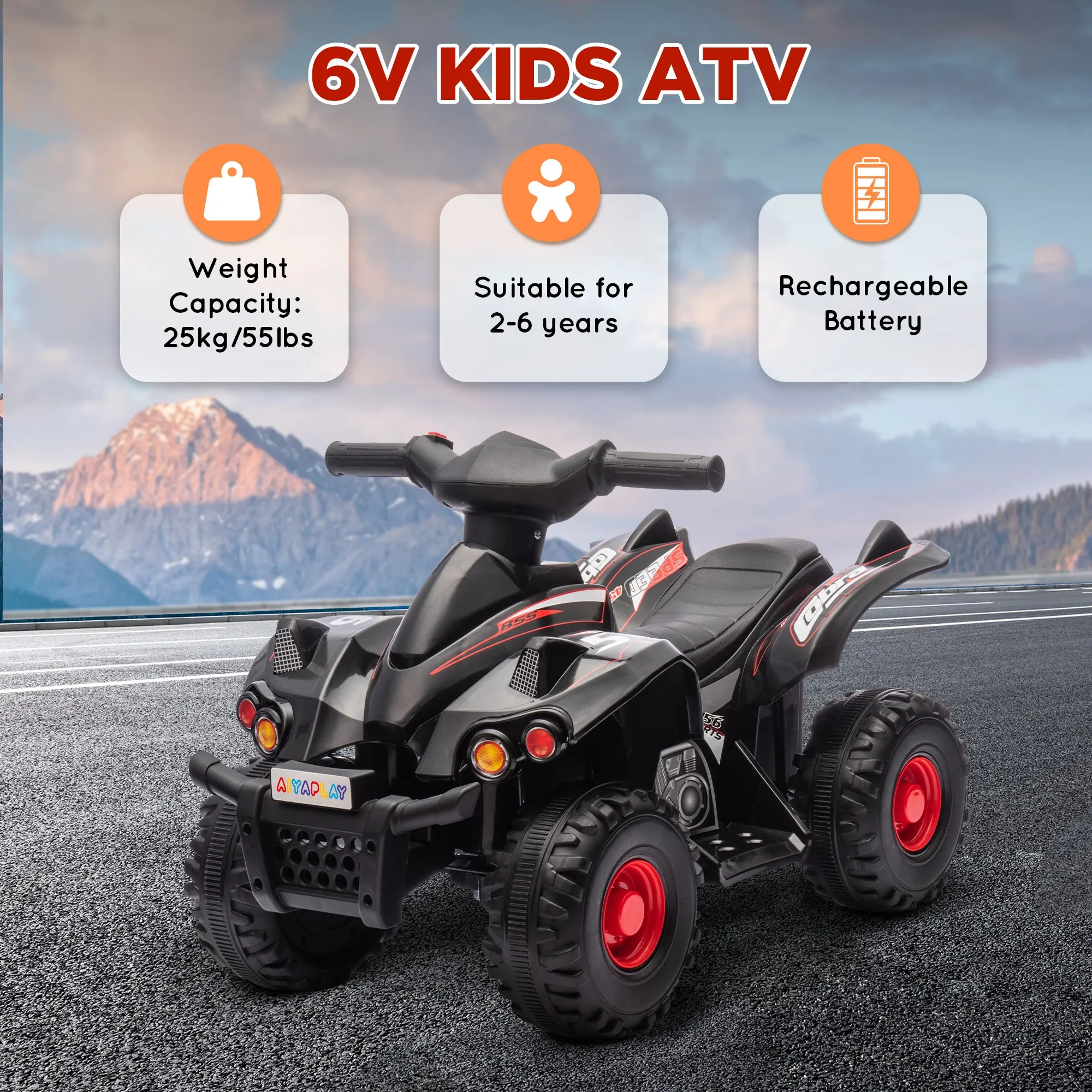 6V Kids Electric Quad Bike with Music, Forward Function, Black