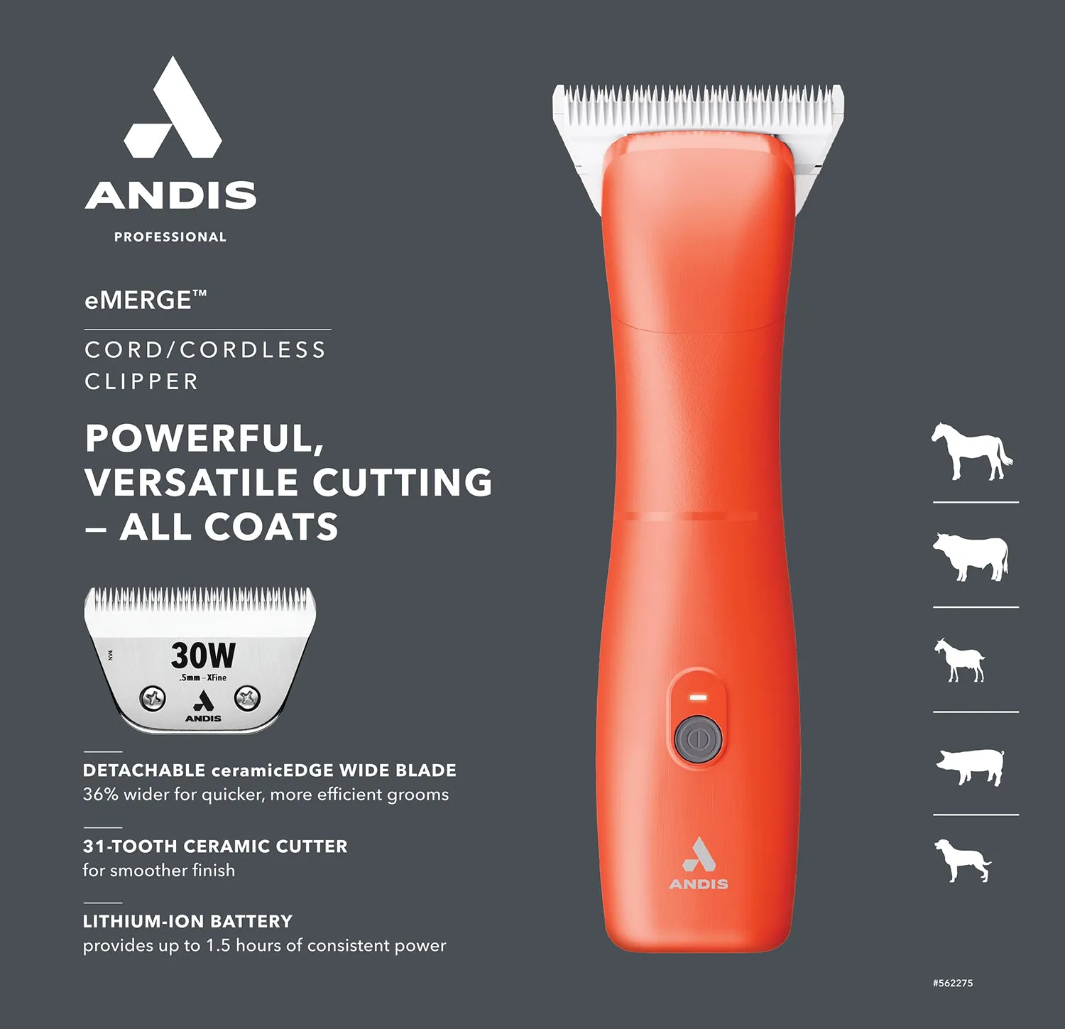 Andis eMERGE Single Speed Cordless a5 Style Clipper - Orange W/30W