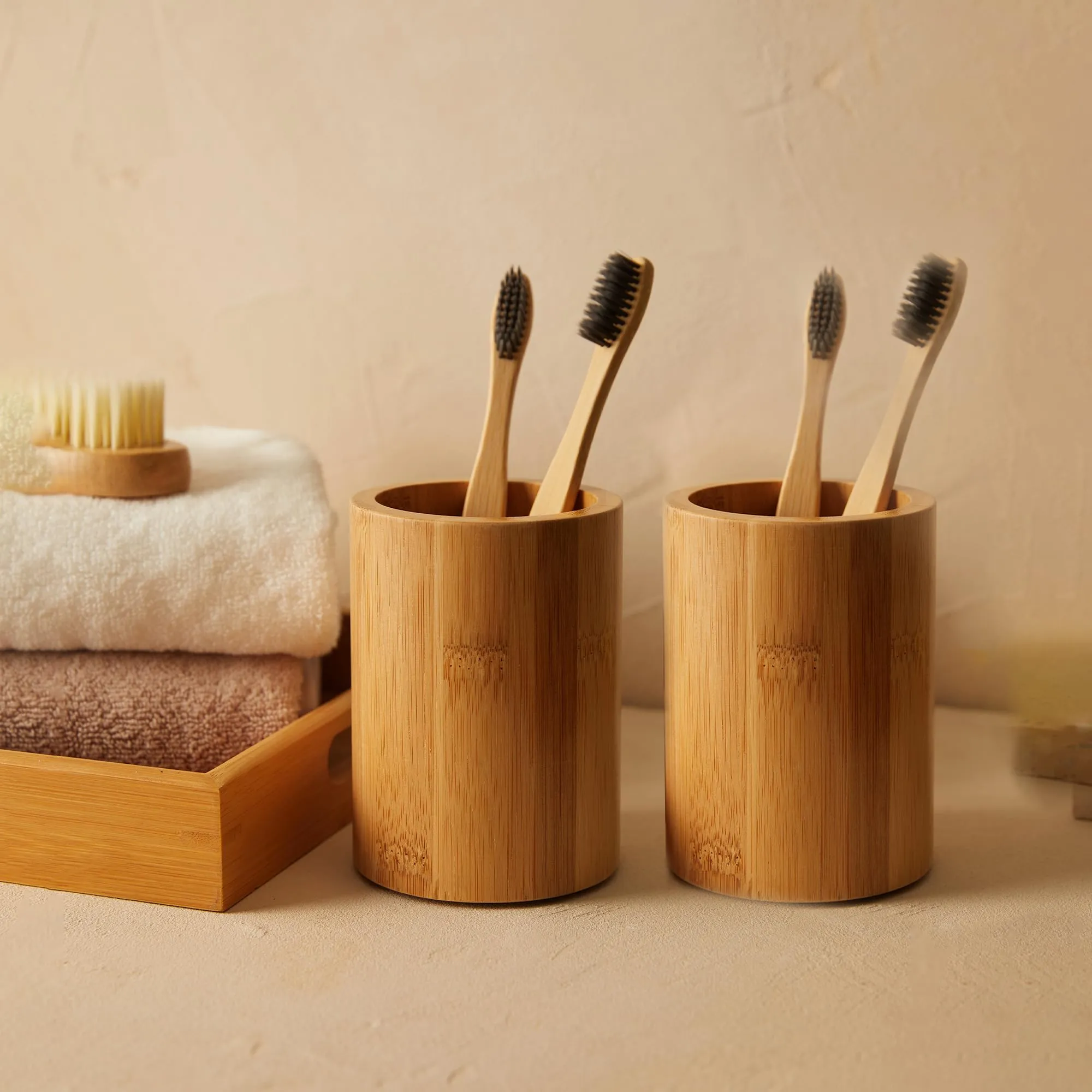 Anko Bamboo Toothbrush Holder for Bathroom | Toothpaste, Makeup Brush Holder for Bathroom | Bathroom Accessories for Wash Basin | Home, Office, Bathroom Organiser | Natural Look | Set of 2