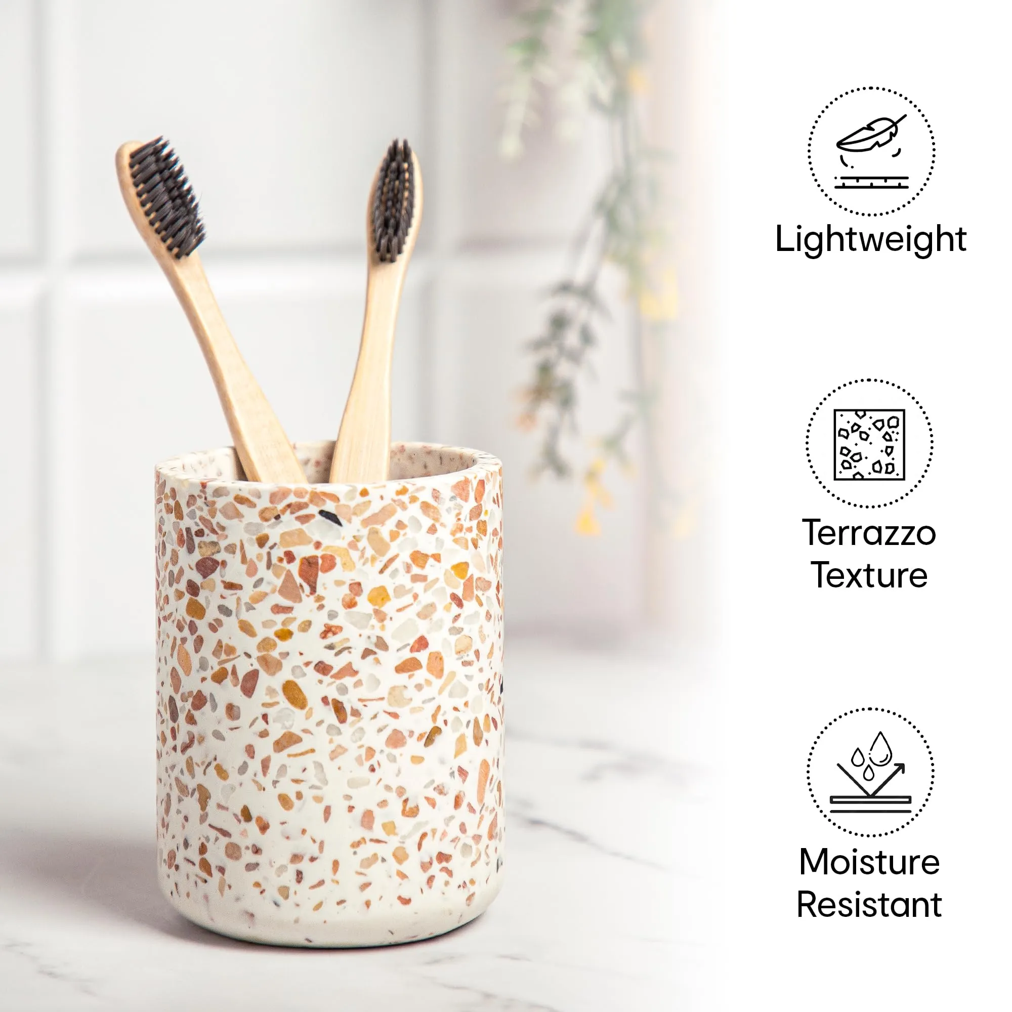 Anko Ceramic Toothbrush Holder for Bathroom | Toothpaste, Makeup Brush Holder for Bathroom | Bathroom Accessories for Wash Basin | Home, Office, Bathroom Organiser | White & Pink, Terrazzo | Set of 3