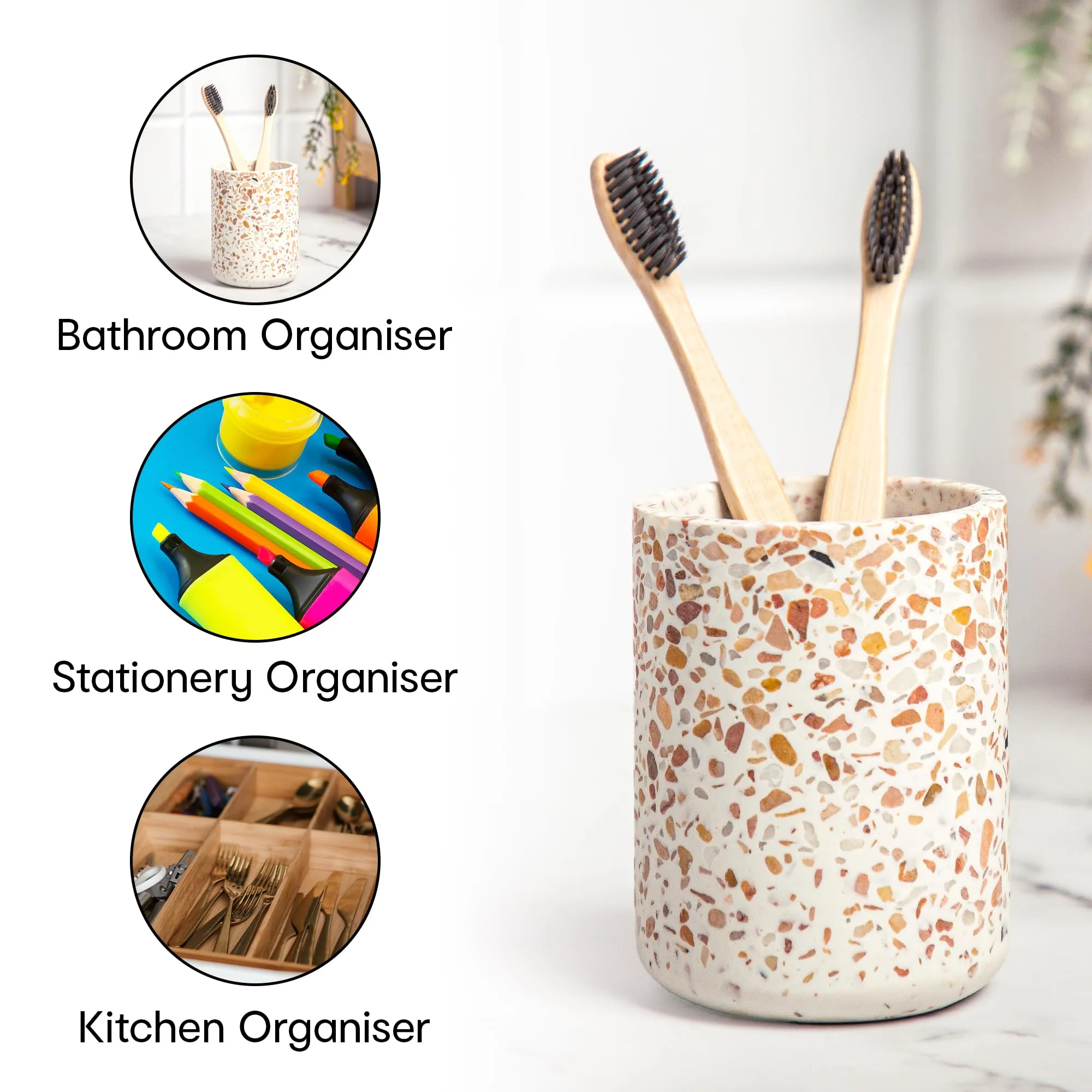 Anko Ceramic Toothbrush Holder for Bathroom | Toothpaste, Makeup Brush Holder for Bathroom | Bathroom Accessories for Wash Basin | Home, Office, Bathroom Organiser | White & Pink, Terrazzo | Set of 3