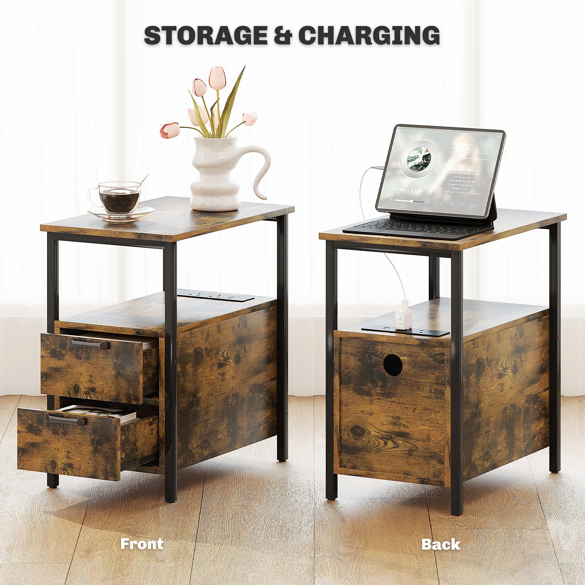 Bedside Table with Charging Station for Living Room, Rustic Brown