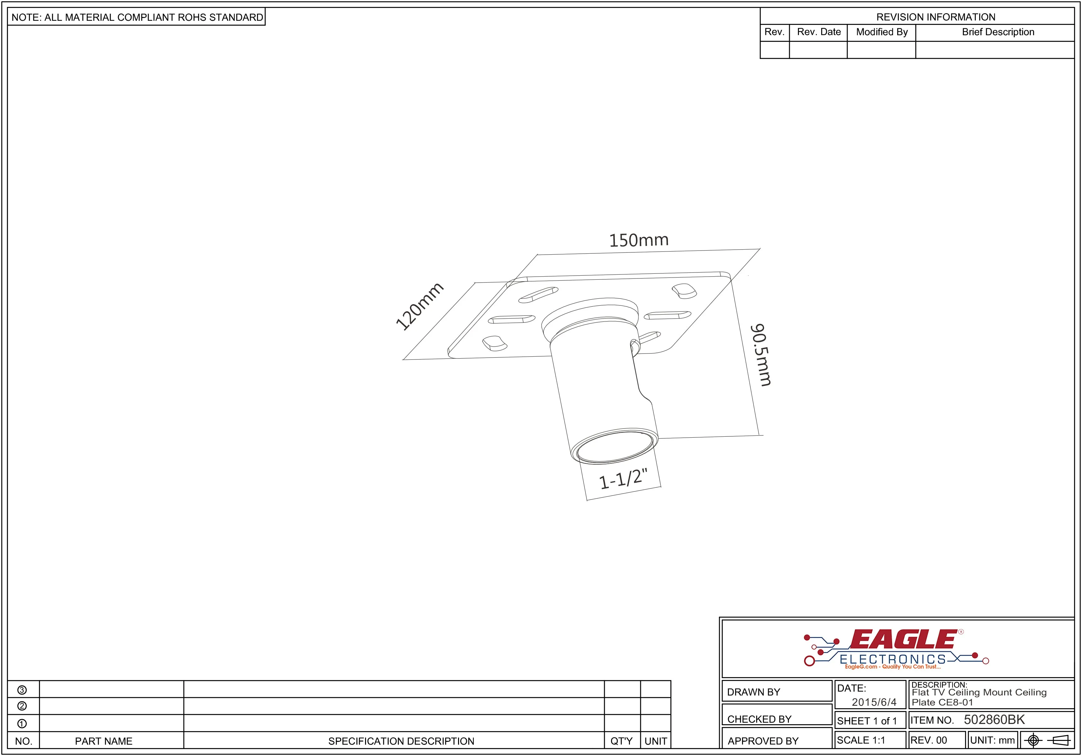 Ceiling Plate for 1.5" NPT Pipe, CE8-01