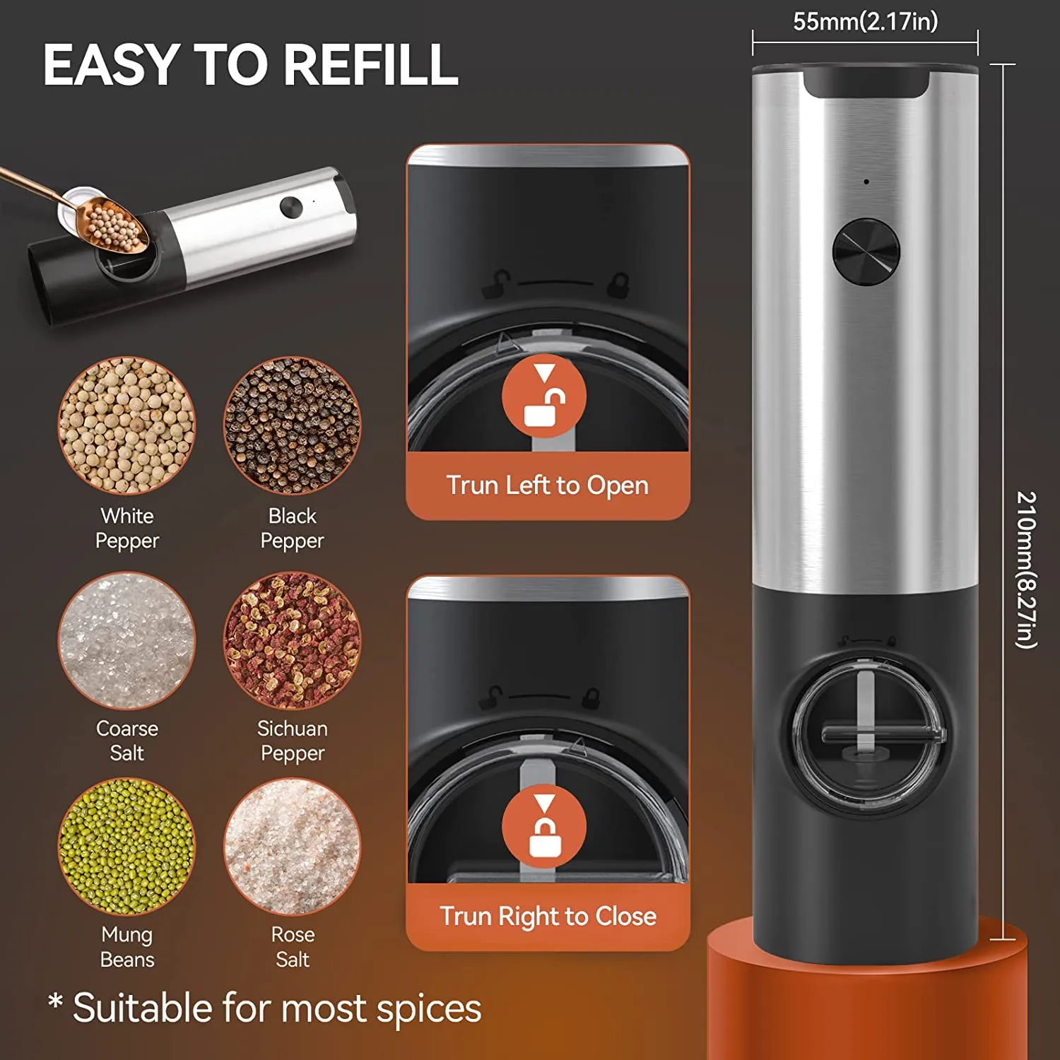 Electric Salt and Pepper Grinder Rechargeable & Automatic for Spices, Salt and Pepper, Herbs, Crystals