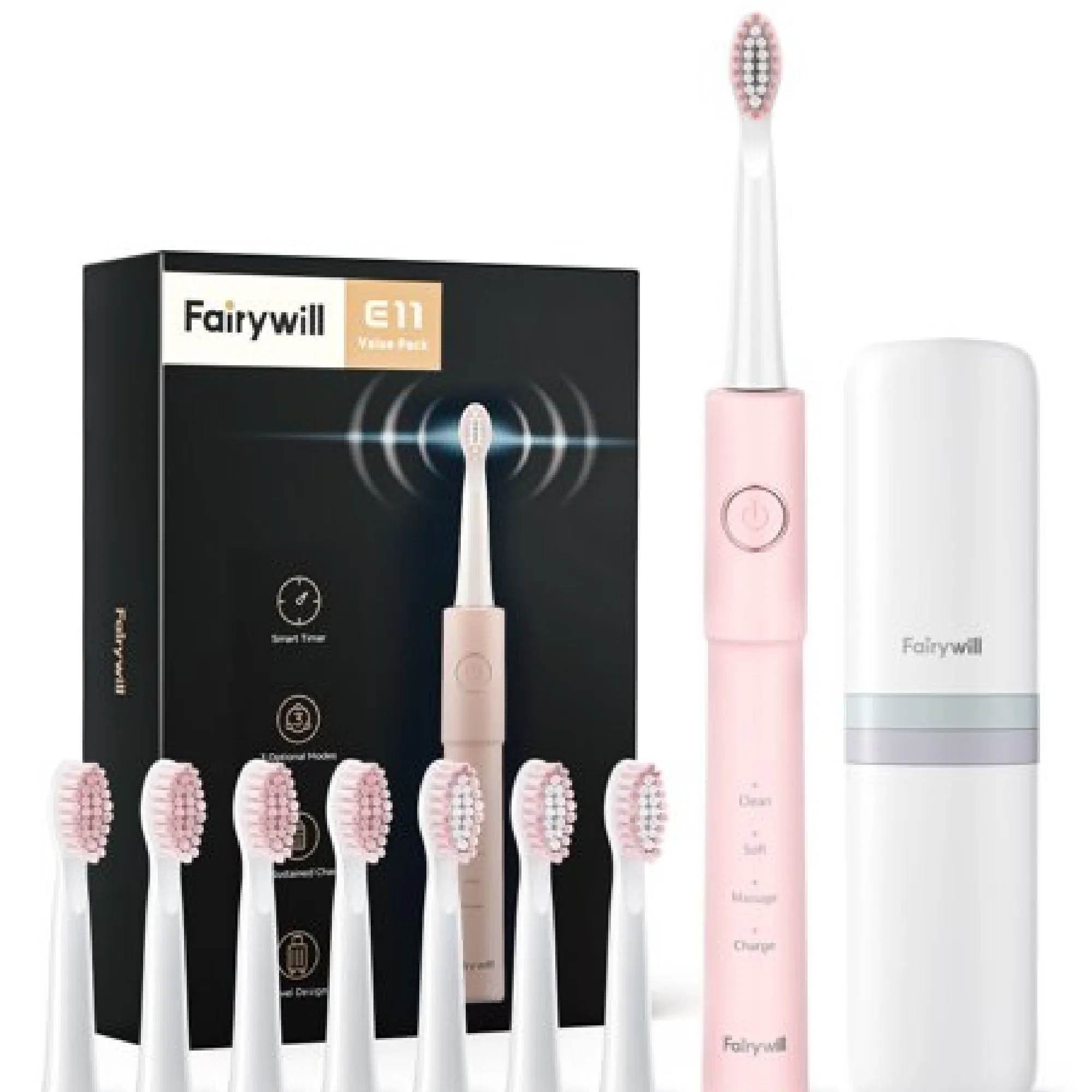 Fairywill WM-FW-ET-E11PK-8H H5PK Electric Toothbrush Pink  Sonic Rechargeable Power Toothrush with Ultra Cleaning with 40 000 VPM  8 Brush Heads  5 Modes and 2 Minutes Build in Smart Timer  Pink