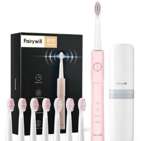 Fairywill WM-FW-ET-E11PK-8H H5PK Electric Toothbrush Pink  Sonic Rechargeable Power Toothrush with Ultra Cleaning with 40 000 VPM  8 Brush Heads  5 Modes and 2 Minutes Build in Smart Timer  Pink