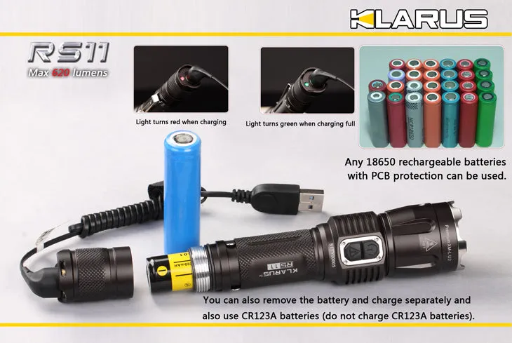 Klarus RS11 Dual Switch Rechargeable 620 Lumen LED Flashlight - 18650 Battery Included