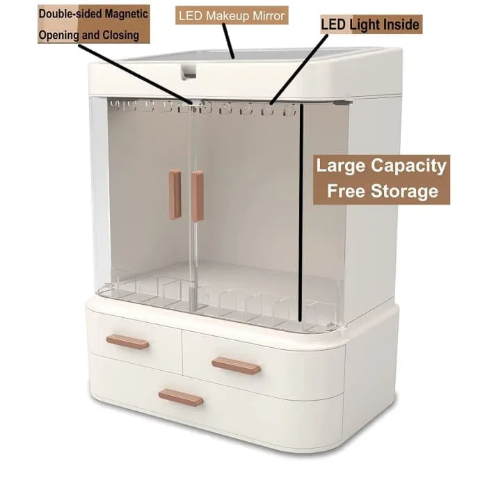 Led Makeup Organizer With Led Mirror And Jewelry Storage Organizer Cabinet