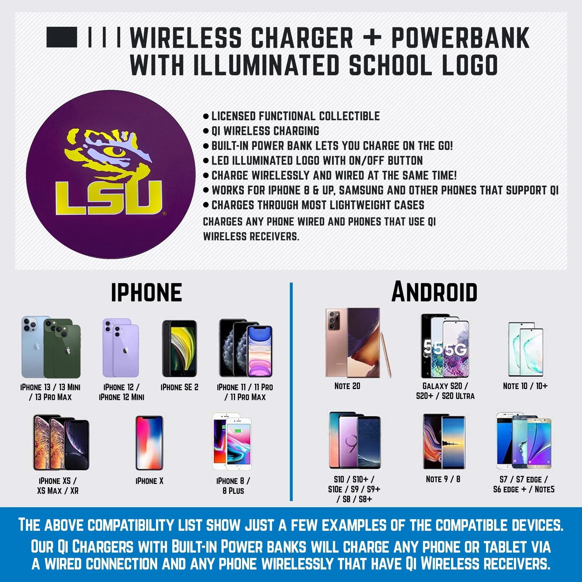 LSU Qi Wireless Charger With Illuminated Tigers Logo & Built-In Power bank