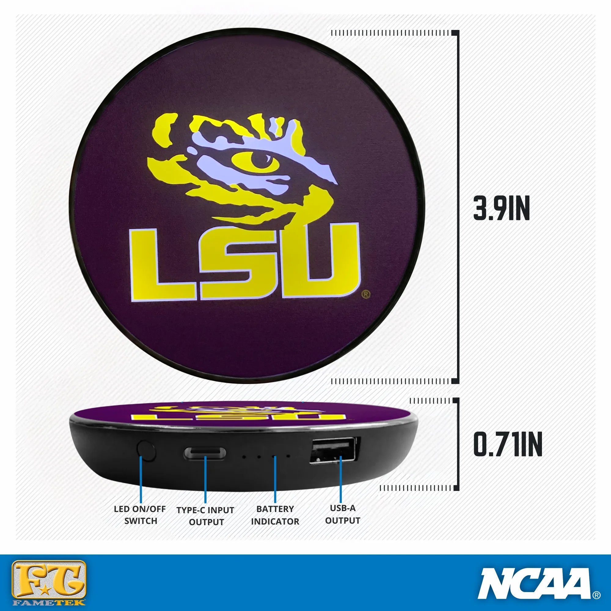 LSU Qi Wireless Charger With Illuminated Tigers Logo & Built-In Power bank