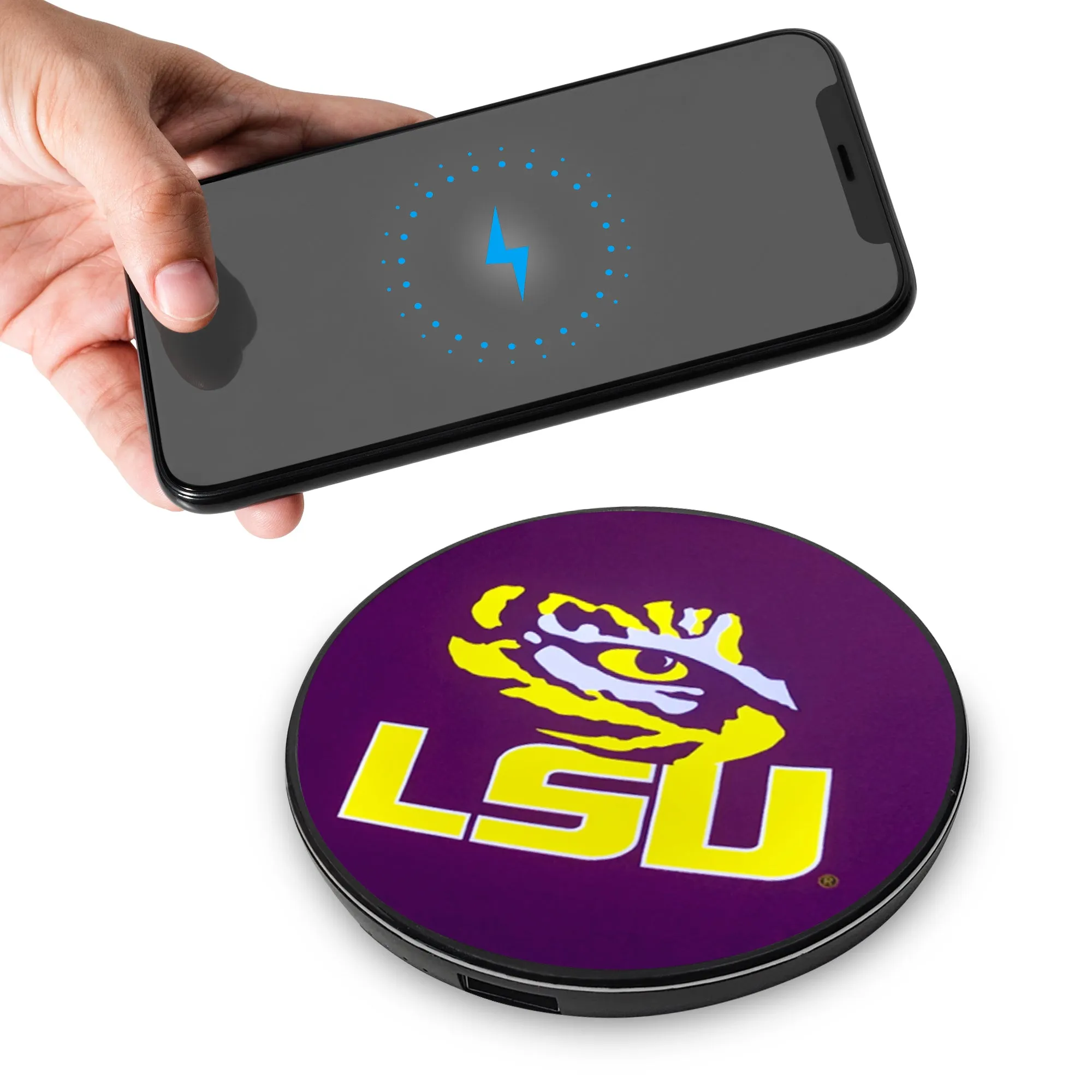 LSU Qi Wireless Charger With Illuminated Tigers Logo & Built-In Power bank