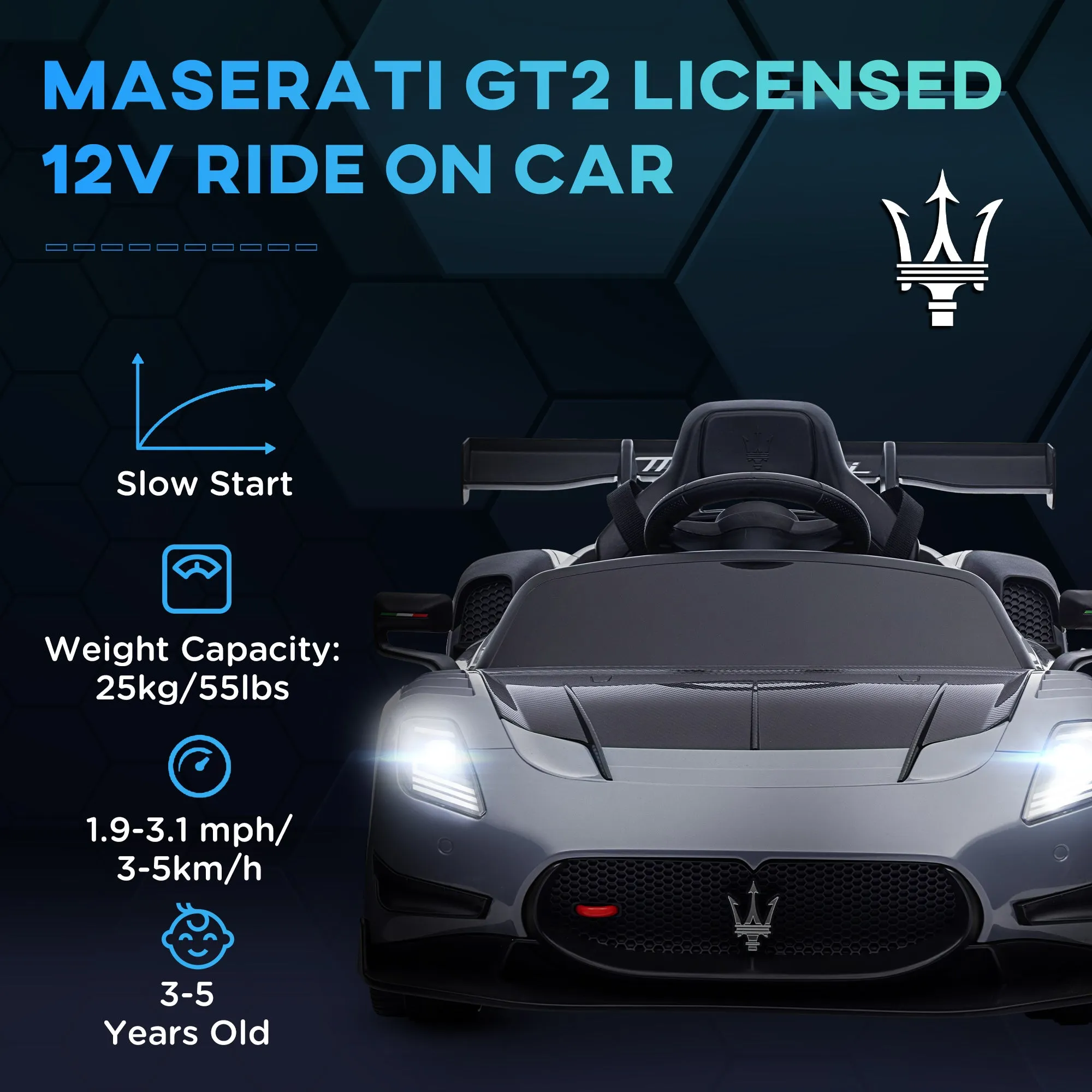 Maserati GT2 Licensed 12V Electric Ride on Car w/ Remote - Grey