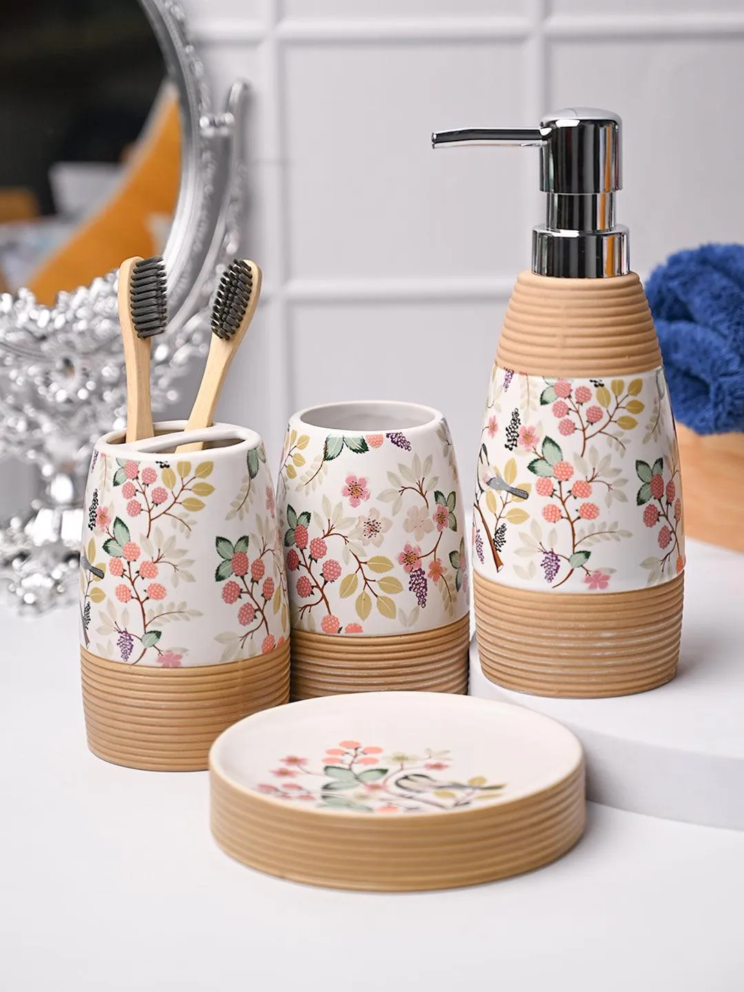 Multicolor Ceramic Cylindrical Bathroom Set Of 4 - Floral Design, Bath Accessories