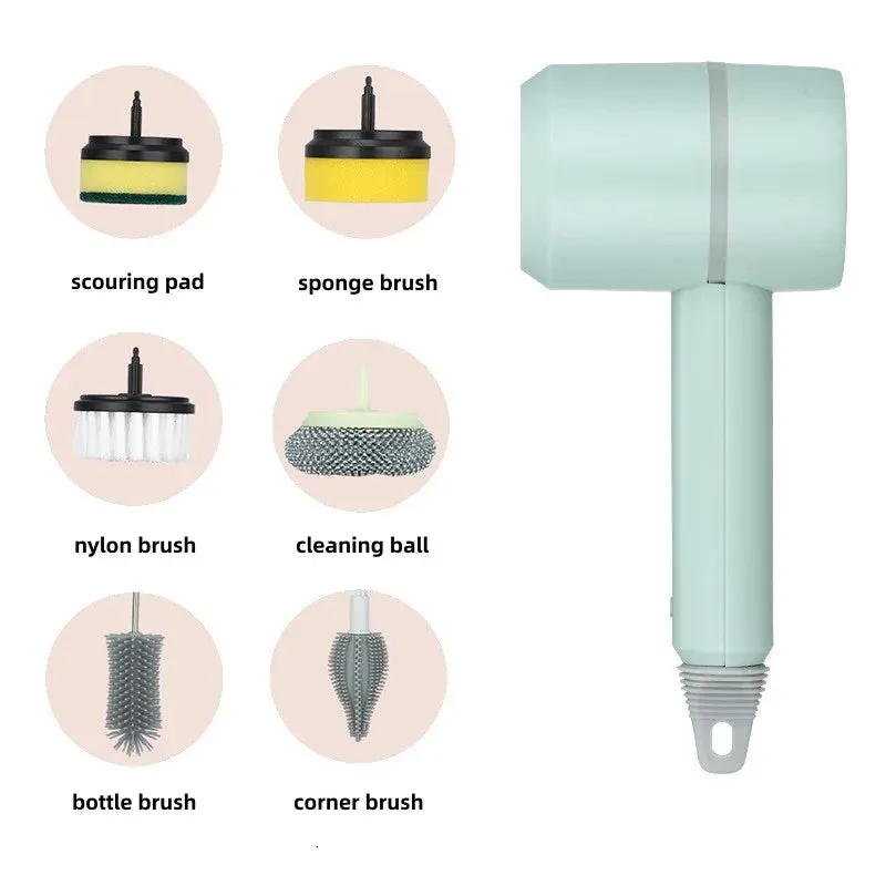 Multifunctional Electric Spin Scrubber Rechargeable with 6 Replaceable Cleaning Brush Heads or Bathroom Kitchen Oven Dish Floor