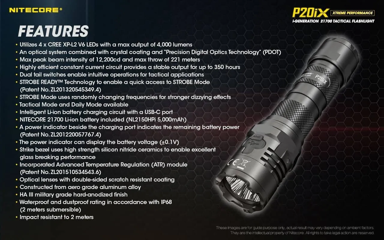 Nitecore P20iX compact 4000 lumen 221m USB-C rechargeable tactical floodlight