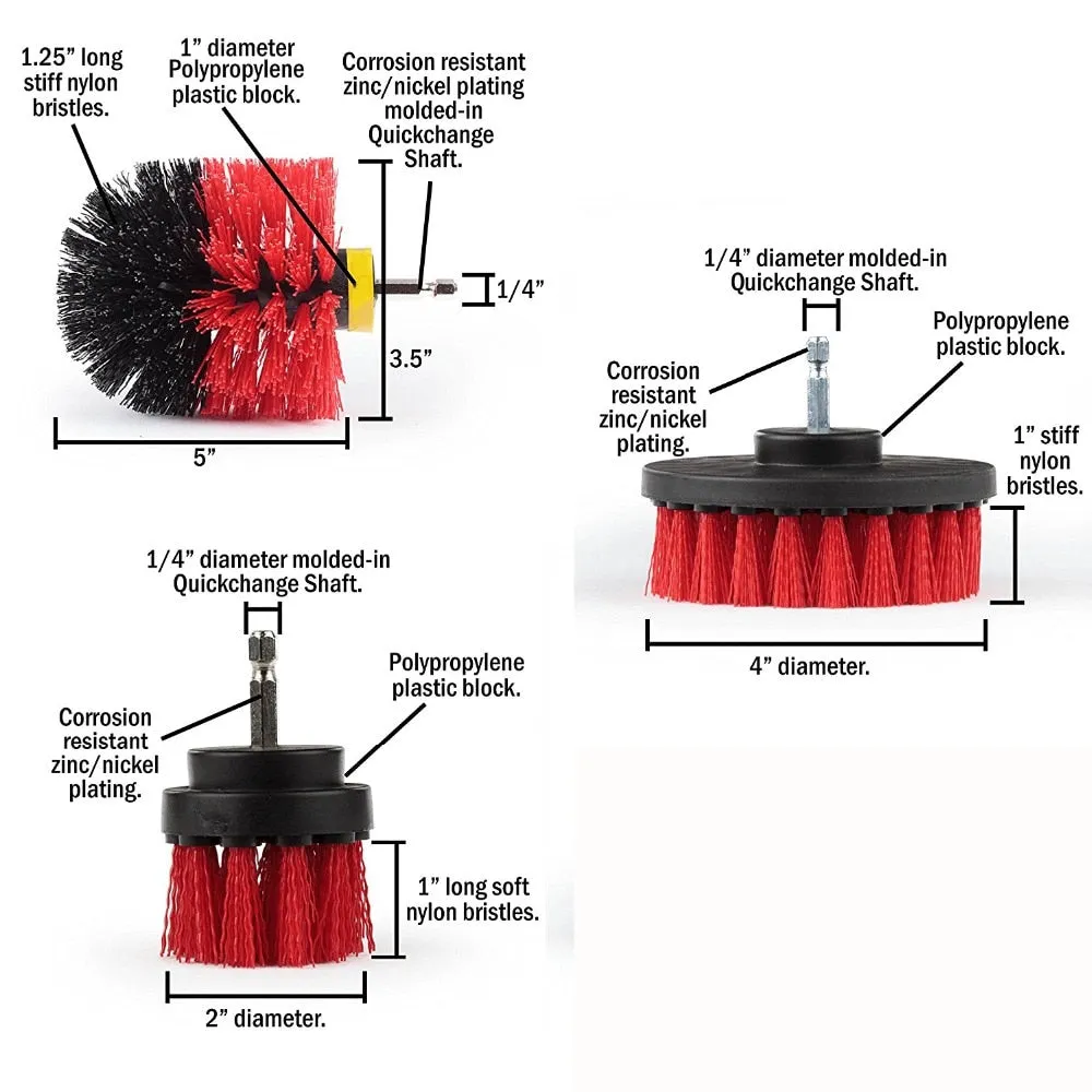 Power Drill Scrubber Cleaning Brush -3pc / for Bathroom Surfaces Tub Shower Tile Grout Etc