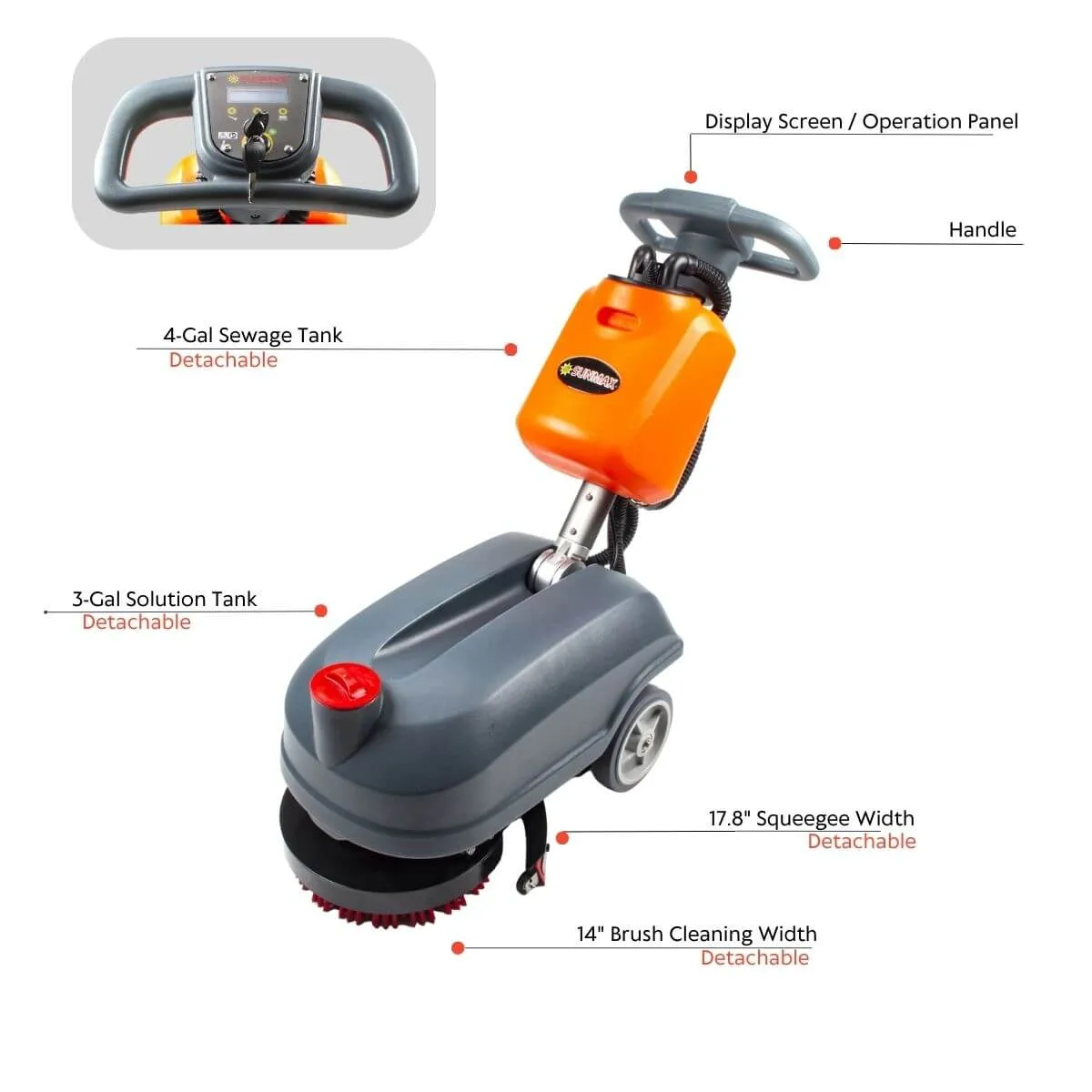 RT15  14" Walk-behind Floor Scrubber, Heavy Duty Brush, 14500 sqft/h, Lithium battery