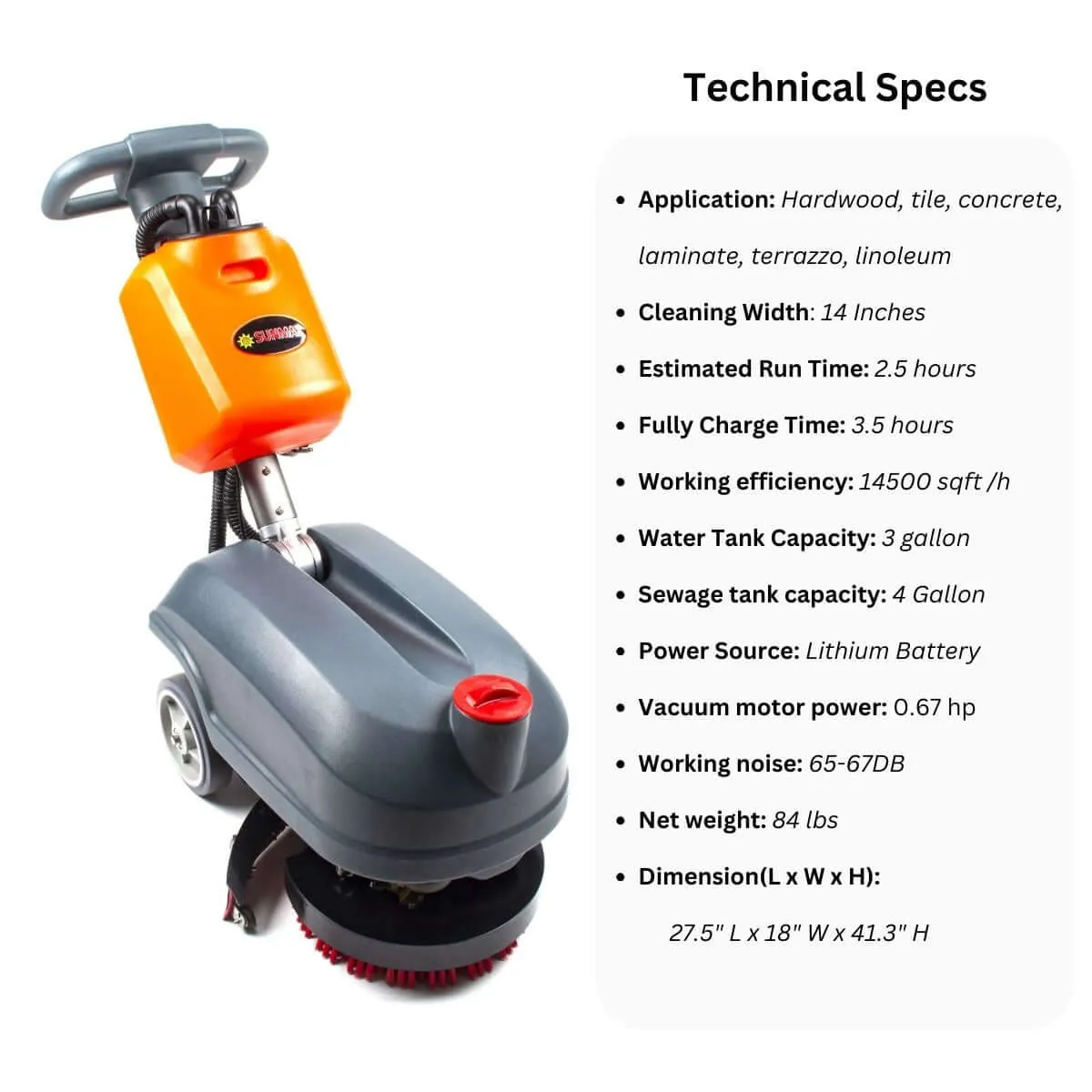 RT15  14" Walk-behind Floor Scrubber, Heavy Duty Brush, 14500 sqft/h, Lithium battery