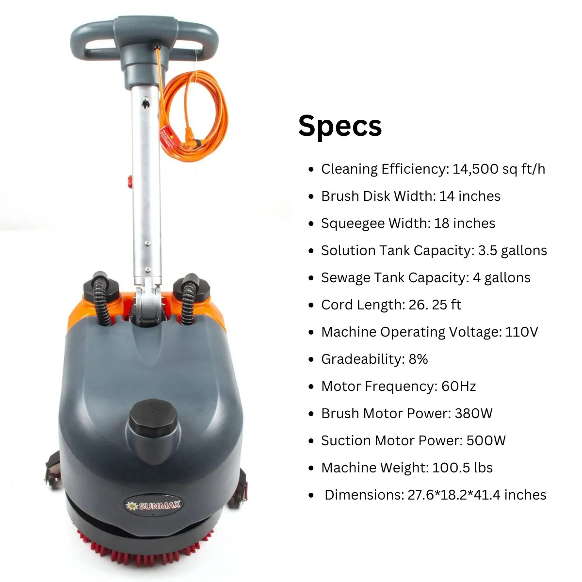 RT15AC 14“ Walk Behind Floor Scrubber Machine for Industrial Commercial Use, 26 ft Cord Offers Uninterrupted Power Supply