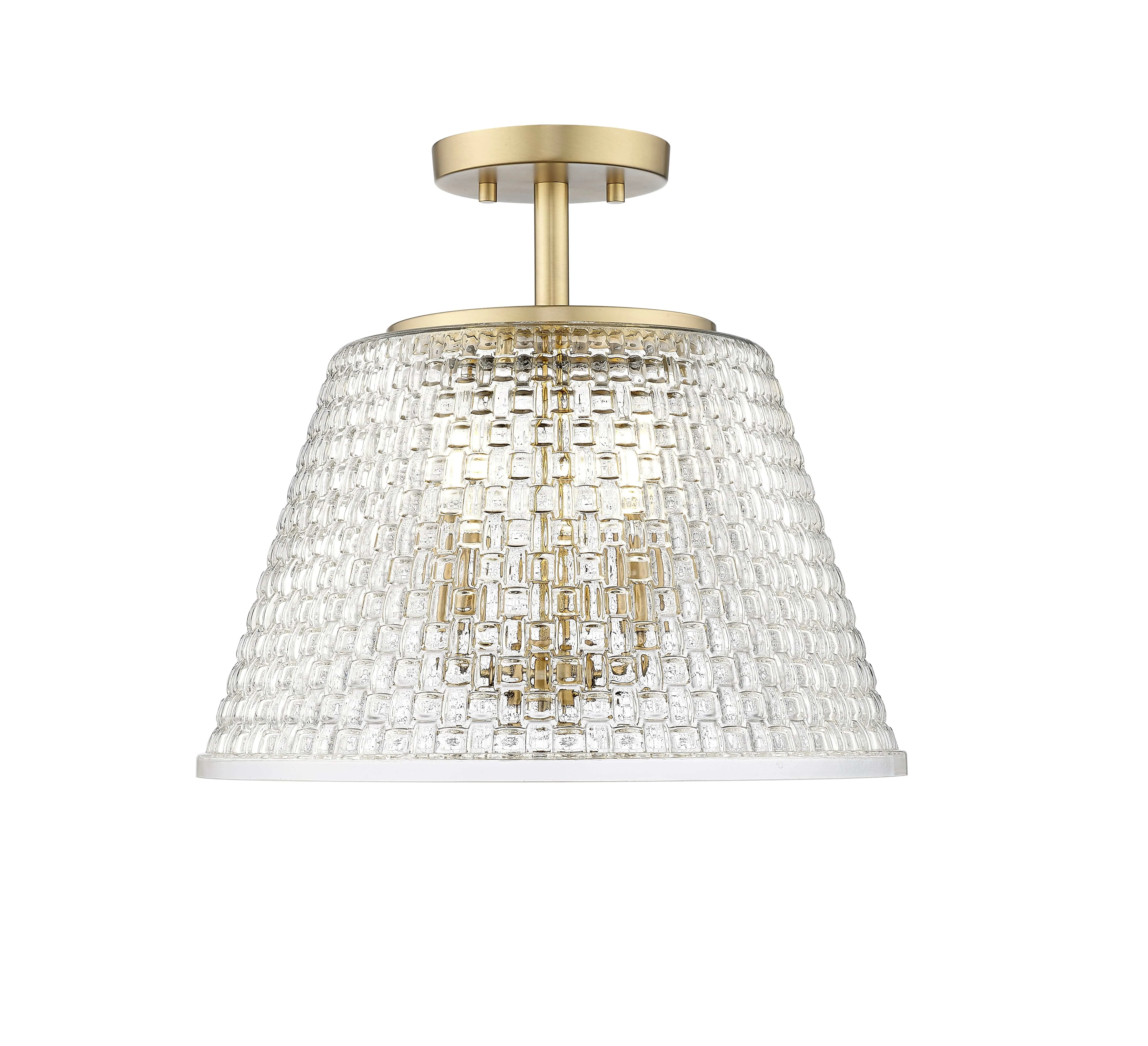 Saben Semi-Flush Mount Fixture - Vintage Brass - Clear Woven Lattice Glass - 15in. Diameter - E12 Candelabra Base